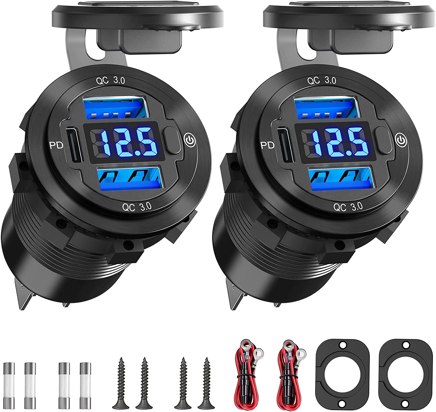 12V USB Car Charger Socket 2 Pack: Upgraded Aluminum Metal 56W 12 Volt USB Outlet PD3.0 20W USB C and Dual QC3.0 18W Multi Car USB Port with LED Voltmeter On/Off Switch for Boat Marine RV Motorcycle  Shenzhen GSG Technology Co.Ltd   