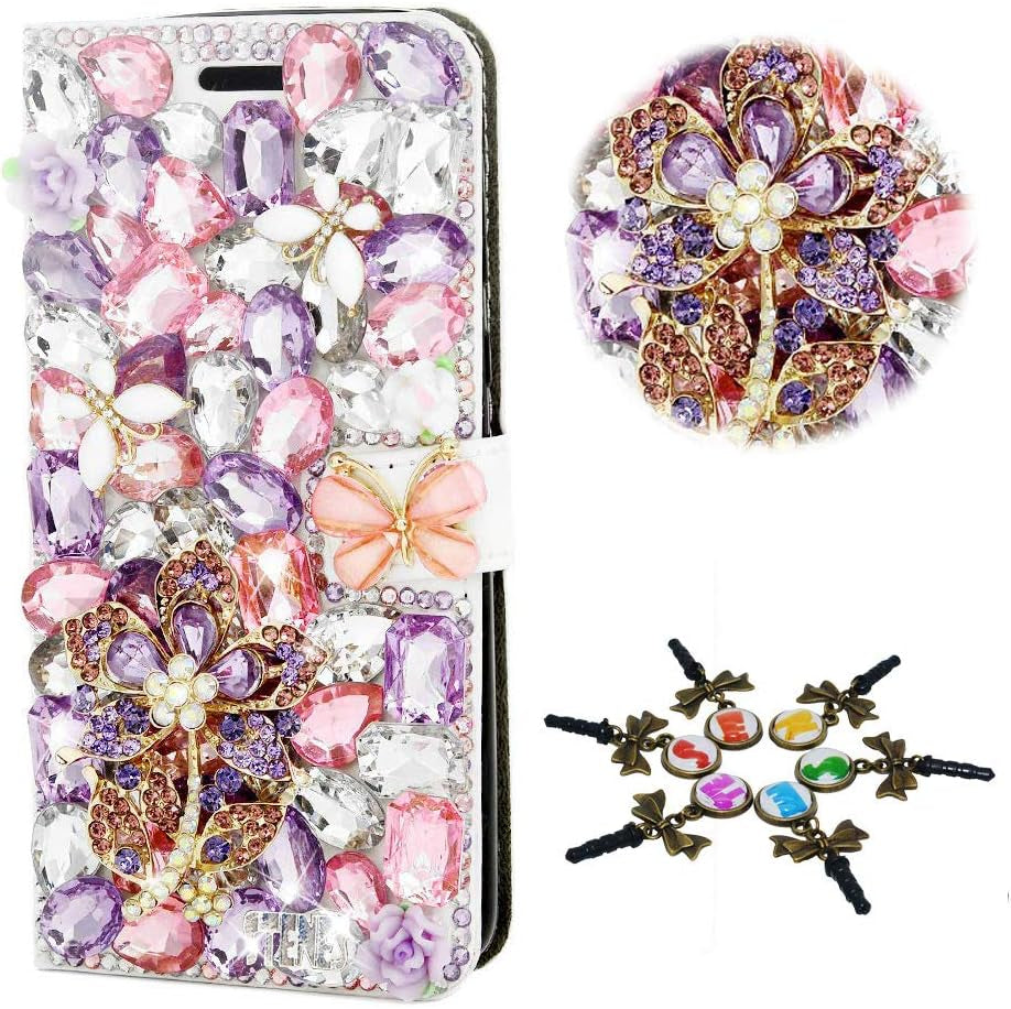 STENES Bling Case Compatible with LG V30 - Stylish - 3D Handmade Pretty Sunshine Flower Butterfly Design Magnetic Wallet Leather Cover Compatible with LG V30 / LG V30 plus - Purple  STENES   