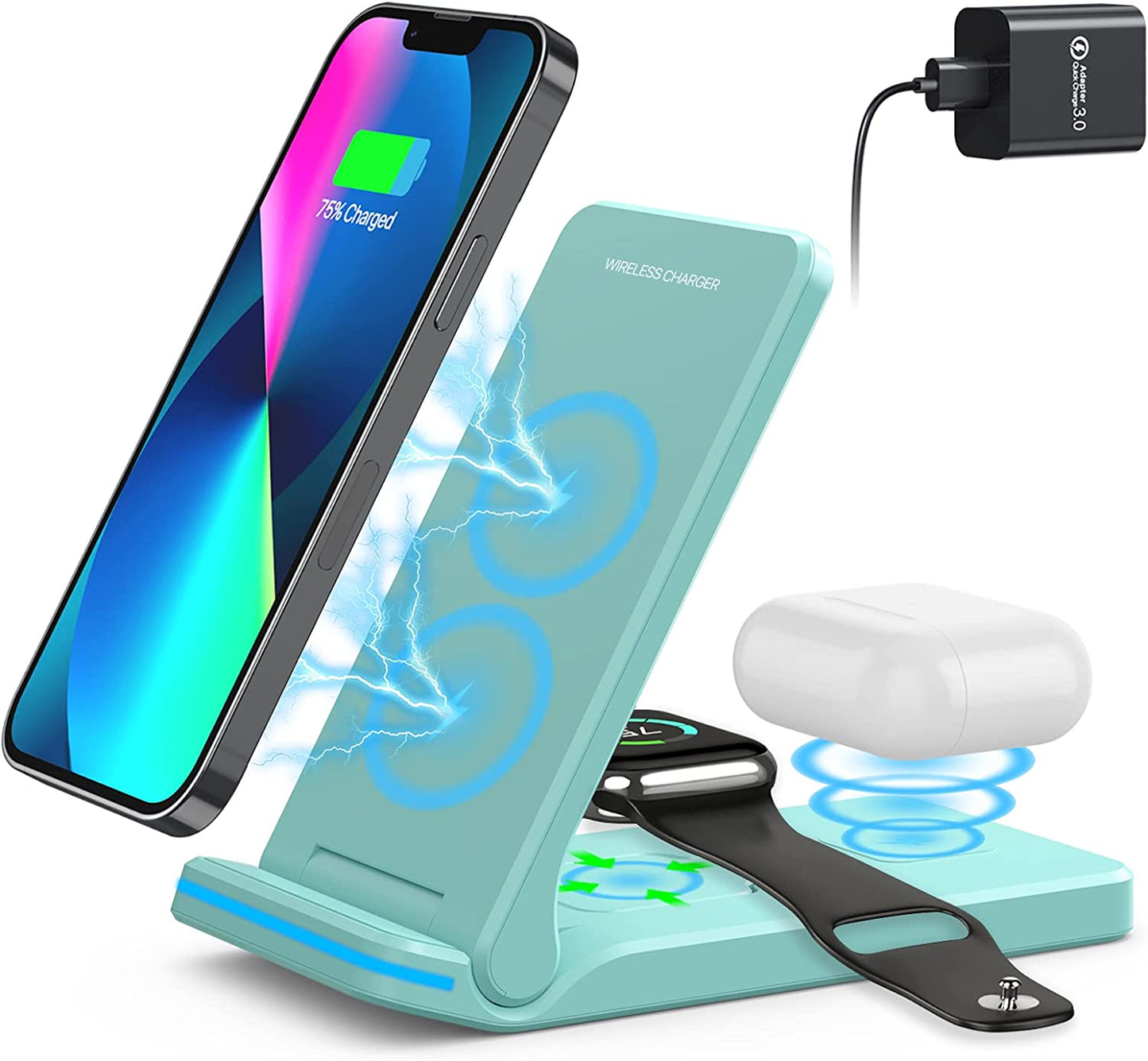 Wireless Charger, 3 in 1 Fast Charging Station, Folding Travel Wireless Charger Stand for Iphone 14,13,12,11/Pro/Max/Plus, X,XR, Xs/Max,Se, 8/Plus,Apple Watch 1-8,Airpods 3/2/Pro 18W Adapter(White)  Pendrajec green  
