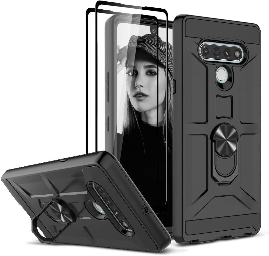 Jeylly LG Stylo 6 Case, with [Tempered Glass Screen Protector] [2Pack] Dual Layer 360 Degree Rotatable Metal Ring Kickstand Holder Military Grade Shockproof Protective Phone Case for LG Stylo 6, Green  Jeylly Black  