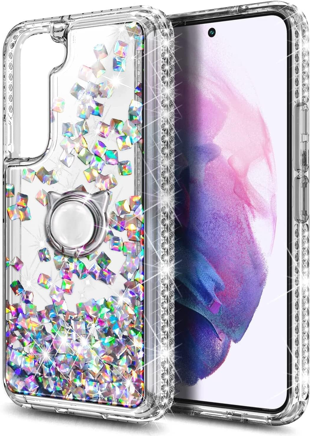 NGB Supremacy Compatible with Samsung Galaxy S22 plus Case (5G 6.6 Inch) with Screen Protector (Maximum Coverage, Flexible TPU), Ring Holder/Wrist Strap, Glitter Liquid Cute Case (Crystal Gem)  NGB Supremacy   