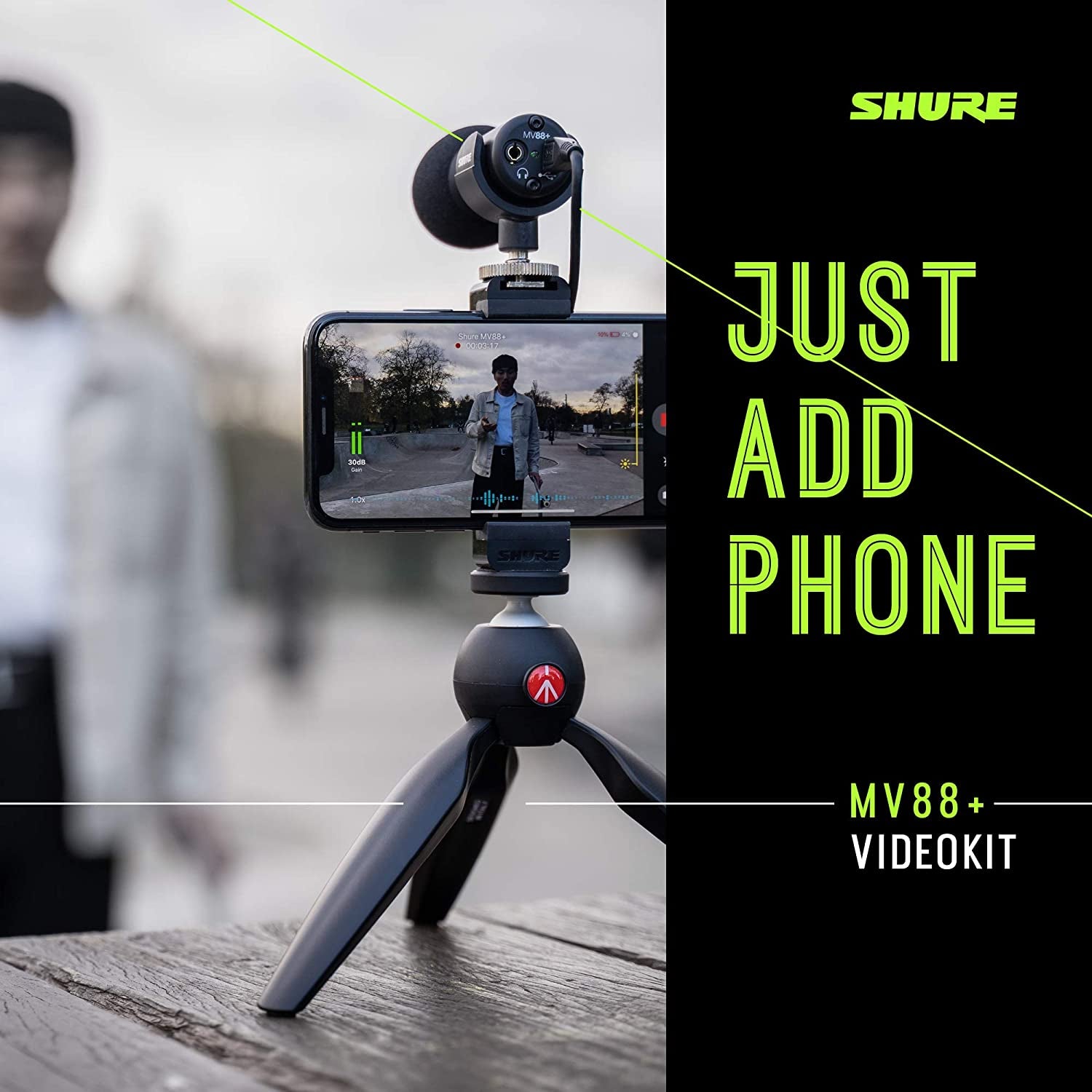 Shure MV88+ Video Kit - Digital Stereo Condenser Microphone for Apple and Android, with Manfrotto PIXI Tripod, Phone Clamp, Mount, Ios and USB-C Cables for Next-Level Connectivity (MV88+ Video KIT)  Shure   