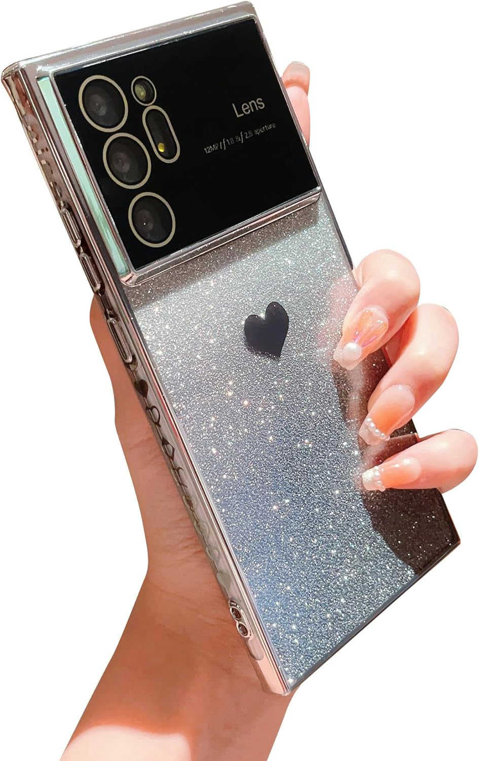 Phylla Gradient Glitter Heart for Samsung Galaxy Note 20 Ultra 5G Phone Case [Full Camera Lens Protector],Luxury Plating Slim Clear Case with Side Pattern,Soft Shockproof Protective Bumper (Gold)  PHYLLA Silver  