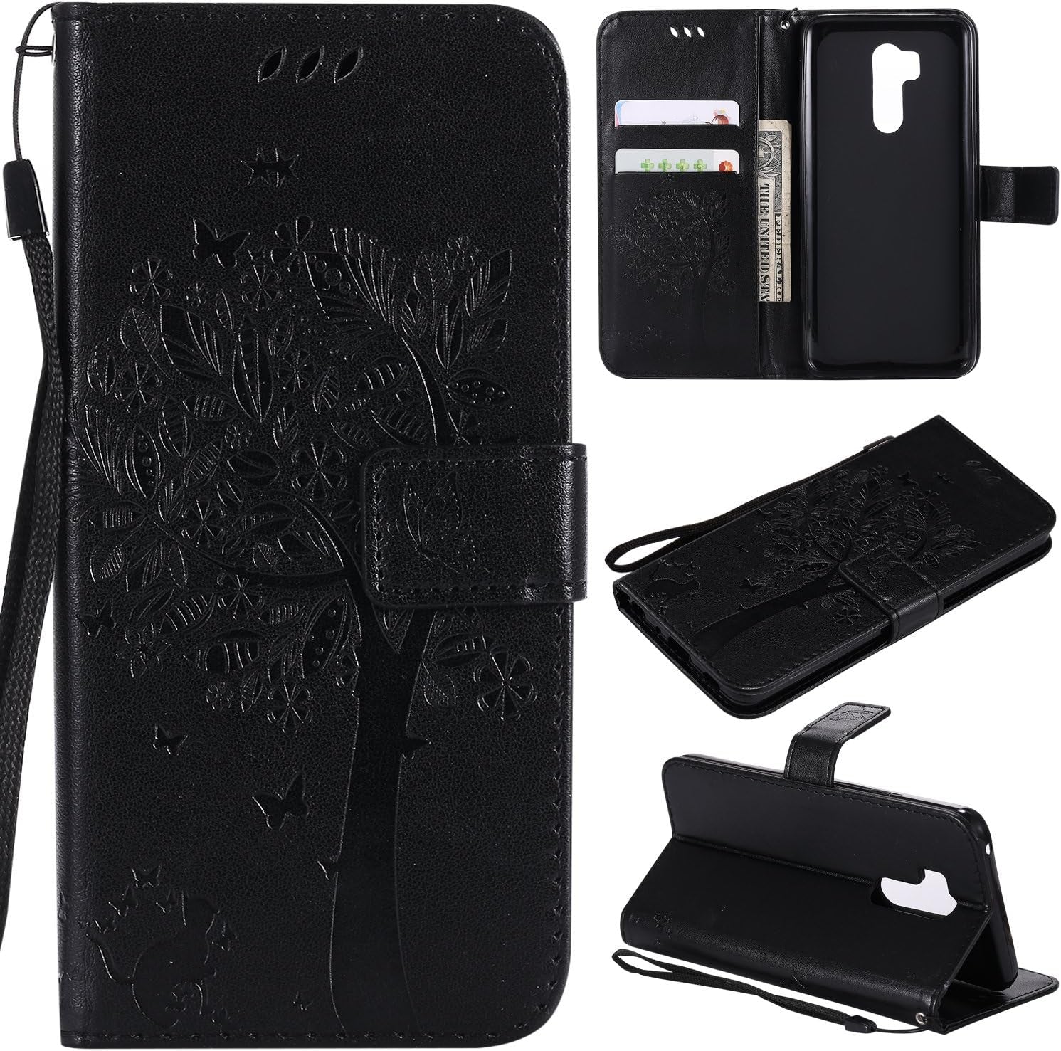 For LG G7 Thinq Case,For LG G7 Wallet Case with Screen Protector,For LG G7 PU Leather Protective Case Emboss Cat and Tree Folio Magnetic with Card Holder Kickstand and Flip Case for LG G7 Thinq Black  HAOTP   
