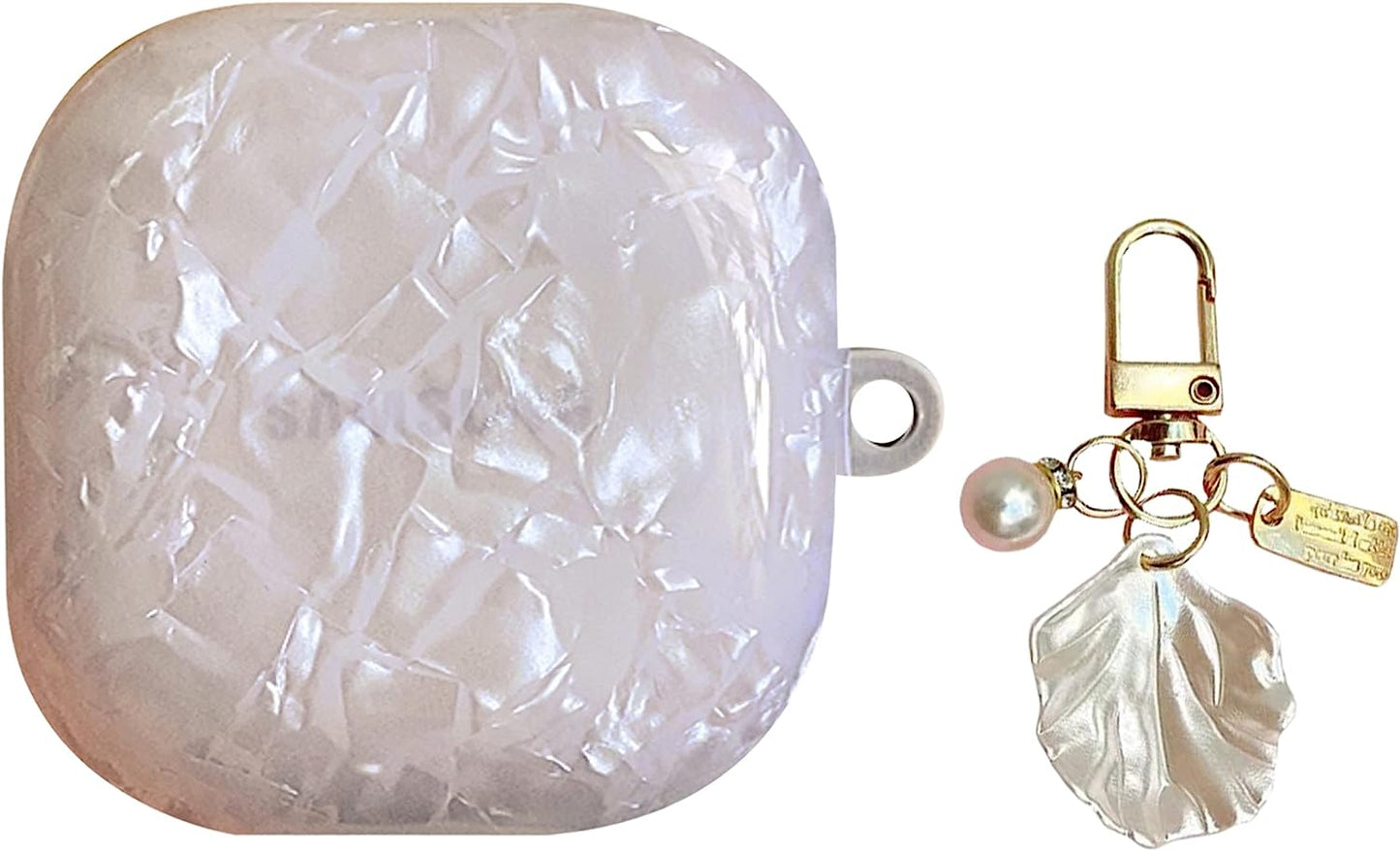 HENJI Case for Samsung Galaxy Buds 2 Case (2021) / Galaxy Buds Pro Case (2021) / Galaxy Buds Live Case (2020), Full Protective Pearl Shell Cover with Pearl Keychain for Women Girl (Leopard Grain B)  HENJI White  