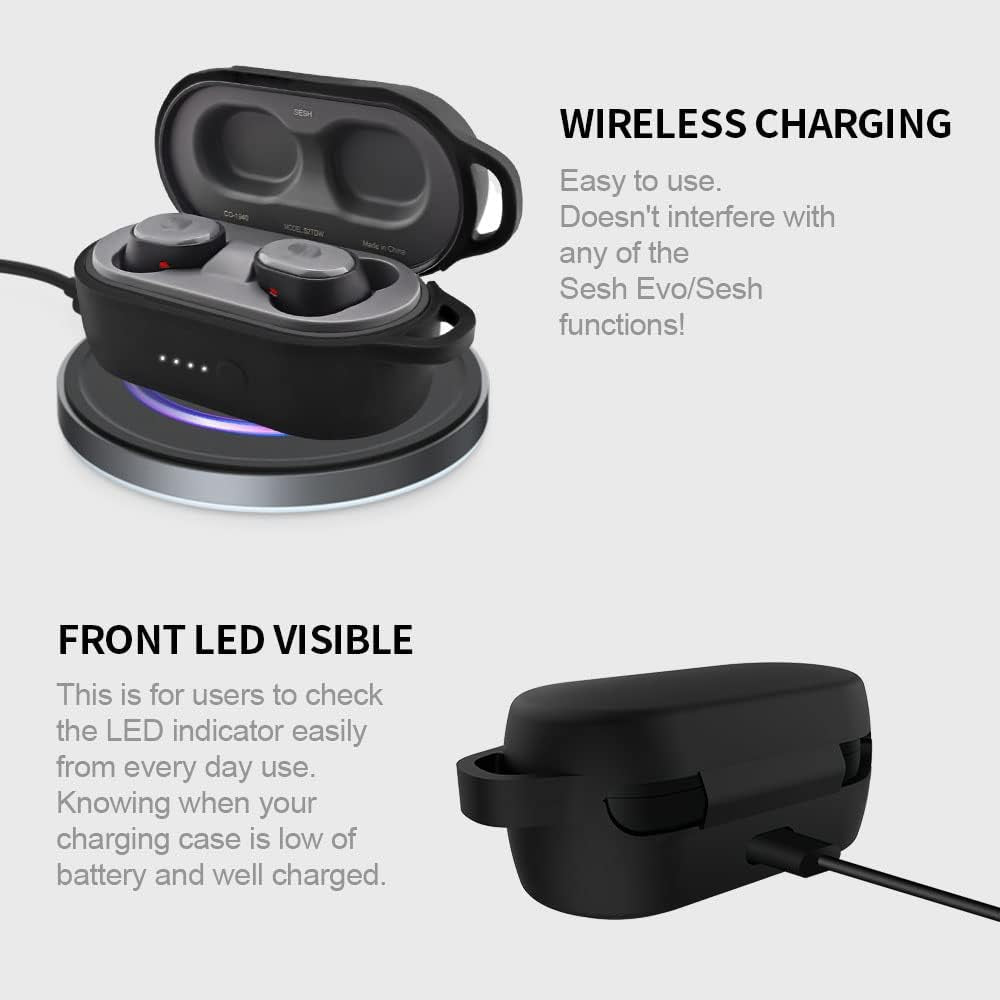 Protective Cover Case for Sesh & Sesh Evo Case (Black) , Soft and Flexible, Anti-Lost & Shockproof Protective Skin Silicone Cover for Sesh Evo Charging Case with Keychain (Visible Front LED)  WQNIDE   