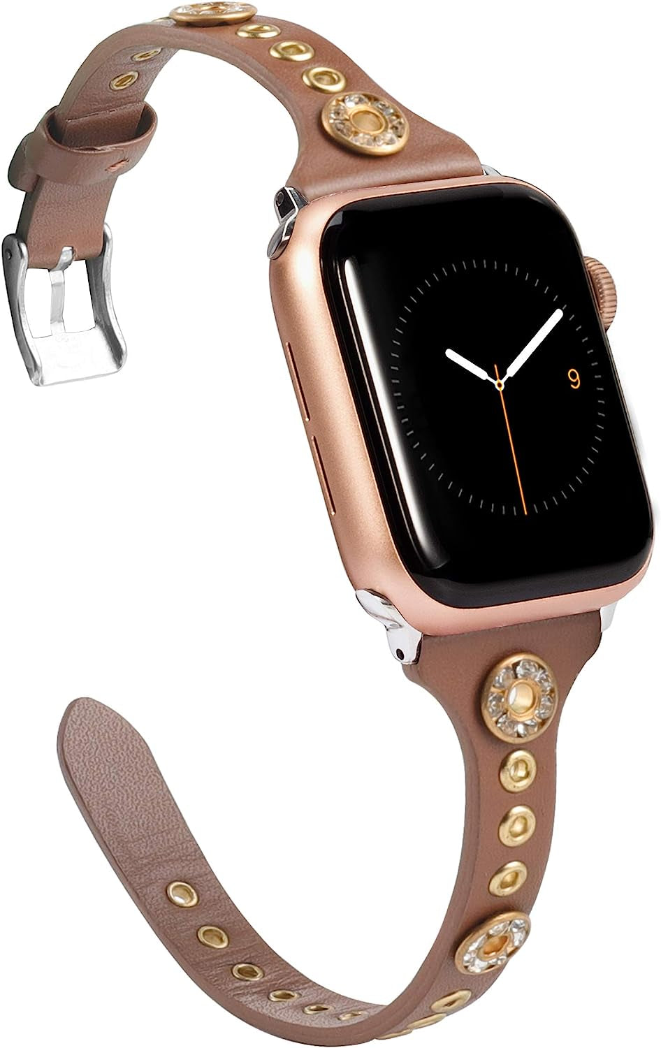 Moolia Compatible with Apple Watch Band 41Mm 38Mm 40Mm 45Mm 42Mm 44Mm Iwatch Series 8 7 6 5 4 3 2 1 for Women, Slim Leather Strap Bracelet Wristband with Bling Studs for Apple Watch Se/Ultra 49Mm  Moolia Deep Brown 42mm/44mm/45mm/49mm 