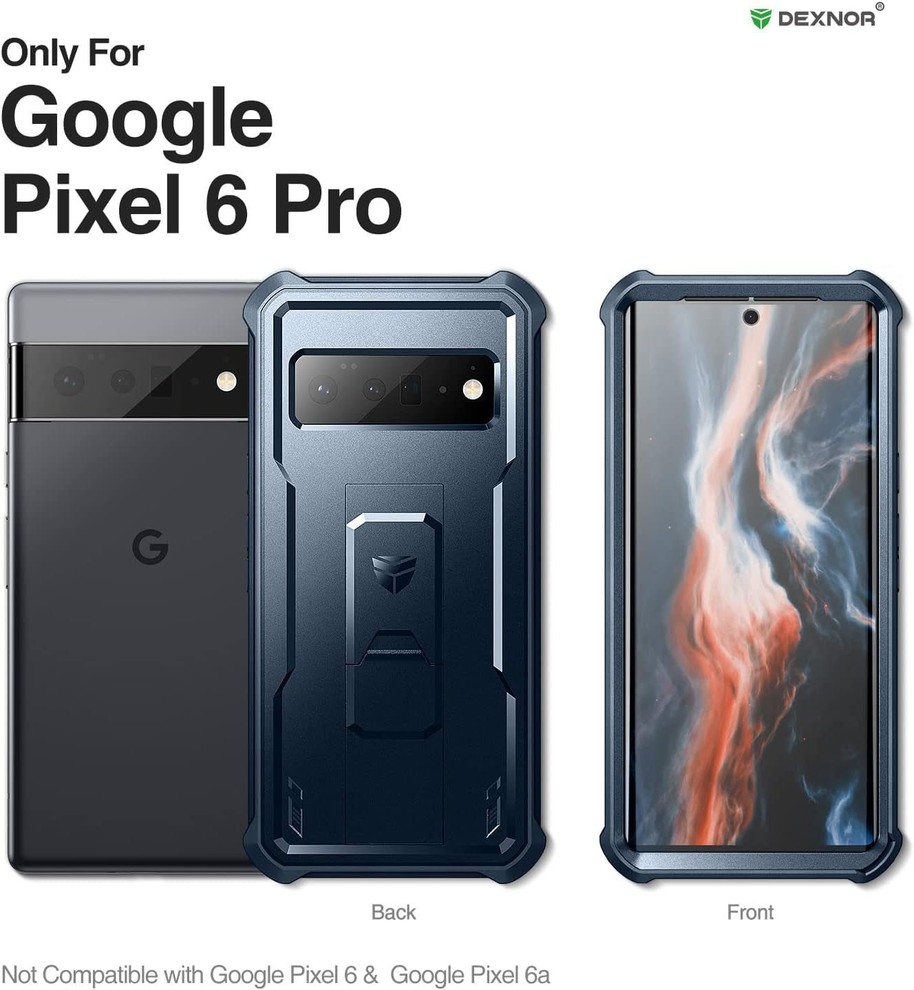 Dexnor for Google Pixel 6 Pro Case, [Built in Screen Protector and Kickstand] Heavy Duty Military Grade Protection Shockproof Protective Cover for Google Pixel 6 Pro 5G (Navy Blue)  Dexnor   