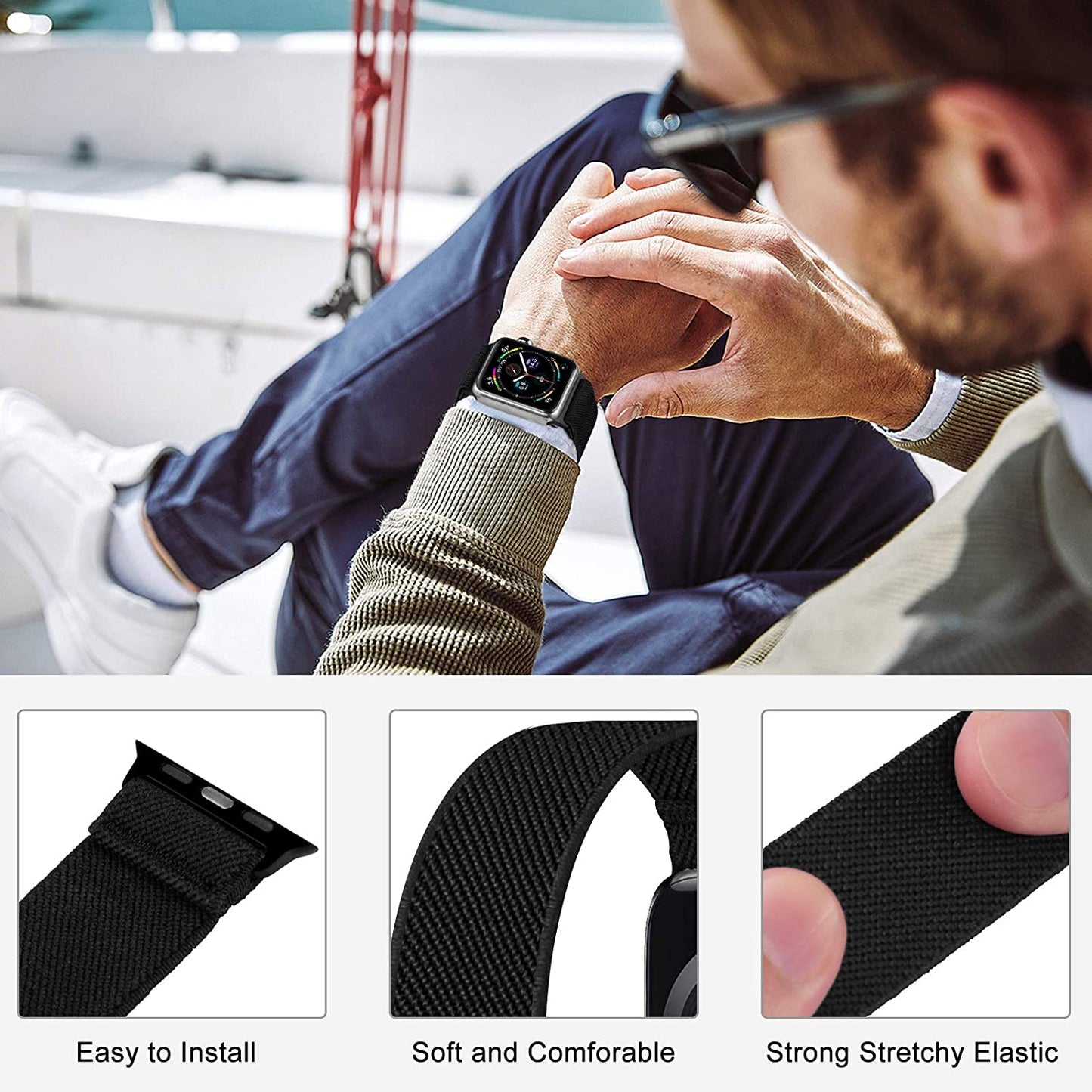 ENJINER Stretchy Nylon Solo Loop Bands Compatible with Apple Watch 38Mm 40Mm 41Mm 42Mm 44Mm 45Mm 49Mm Ultra Iwatch Series 8 7 SE 6 5 4 3 2 1 Strap, Sport Elastic Braided Women Men No Buckles Clasps Replacement Wristband  ENJINER   