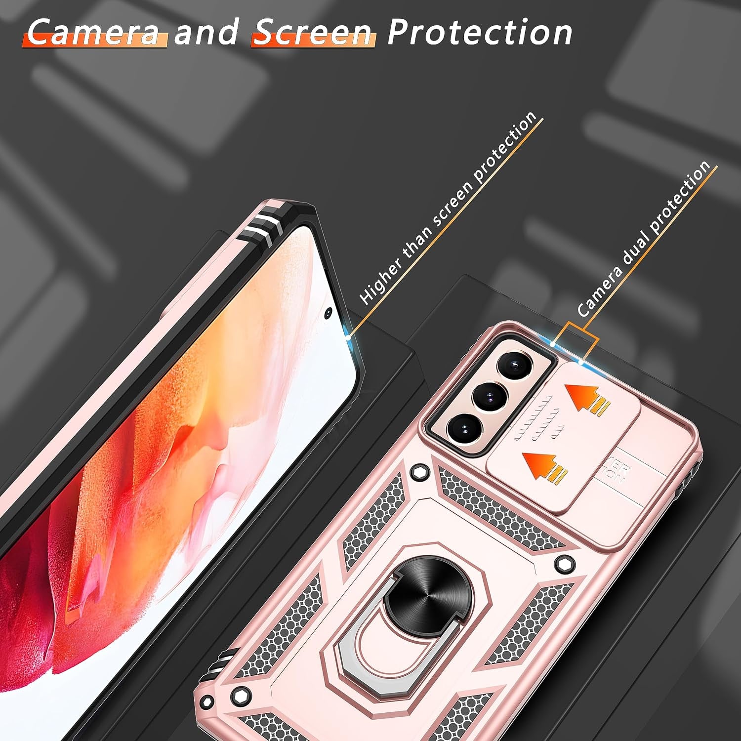 ATUMP for Galaxy S21 Case with HD Screen Protector, Build in 360° Magnetic Ring Holder Kickstand [Military Grade] Protective Case for Samsung Galaxy S21 Case 5G,Rose Gold  Atump   