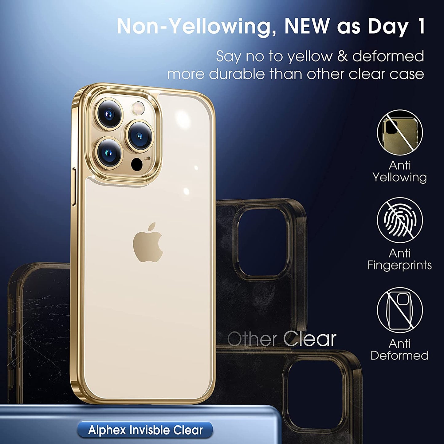 Alphex Invisible Clear Case for Iphone 14 Pro [Look as Caseless] [Never Yellowing] 8FT Military Grade Protective Soft Glossy Bumper Matte Slim Women Men Phone Cover 6.1 Inch, Gold  Alphex   