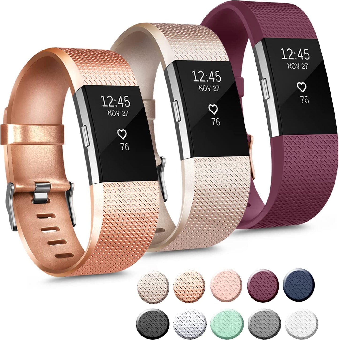 3 Pack Sport Bands Compatible with Fitbit Charge 2 Bands Women Men, Adjustable Replacement Strap Wristbands for Fitbit Charge 2 HR Small Large (Small, Black/Purple/Navy Blue)  Mugust Rose Gold/Champagne Gold/Wine Red Small 