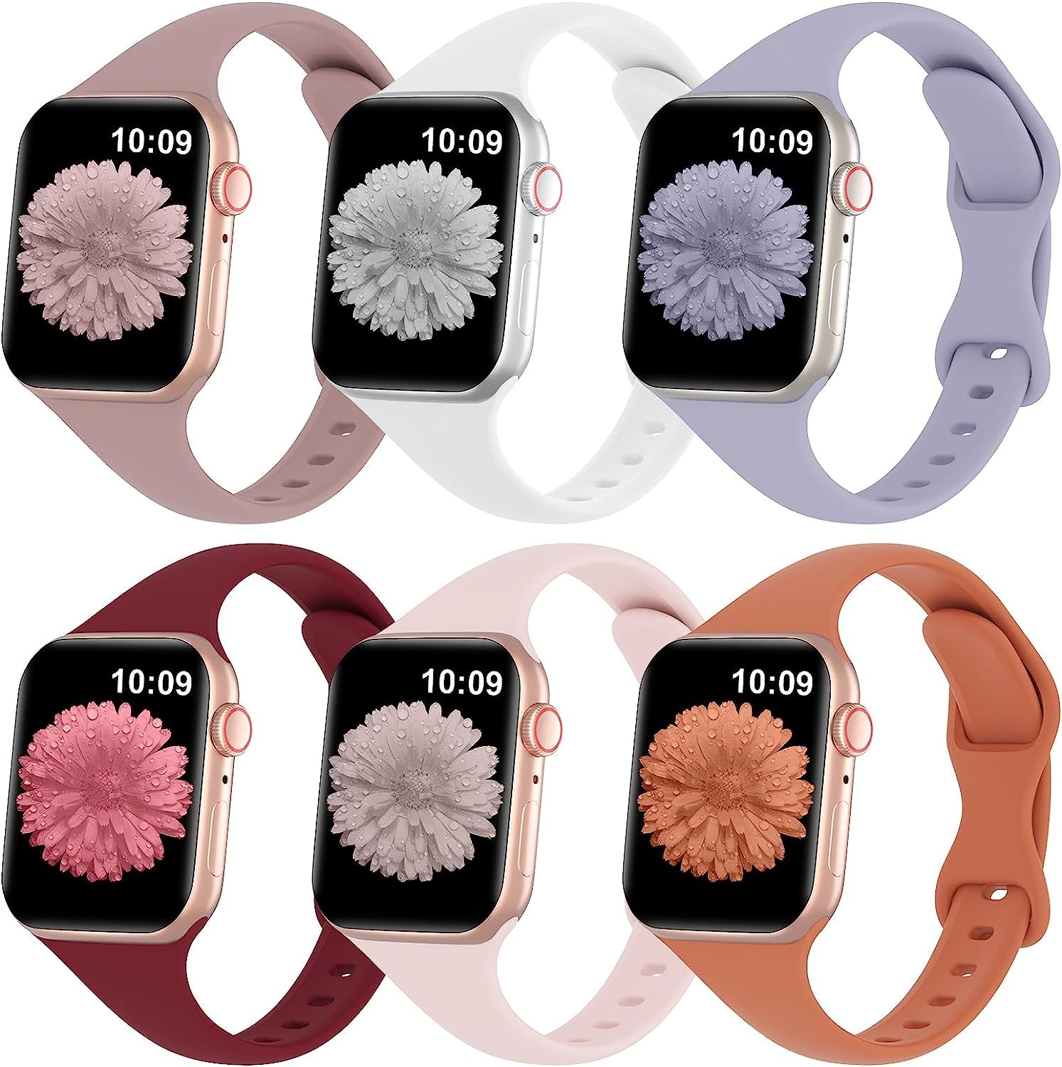 Slimband 6 Pack Slim Silicone Bands Compatible for Apple Watch Band 38Mm 40Mm 41Mm 42Mm 44Mm 45Mm 49Mm, Narrow Replacement Strap Thin Wristband for Iwatch Ultra Series 8/SE/7/6/5/4/3/2/1 Women Men  Slimband Smoke Violet/White/Lavender Grey/Wine Red/Sand Pink/Brown 42mm/44mm/45mm/49mm 