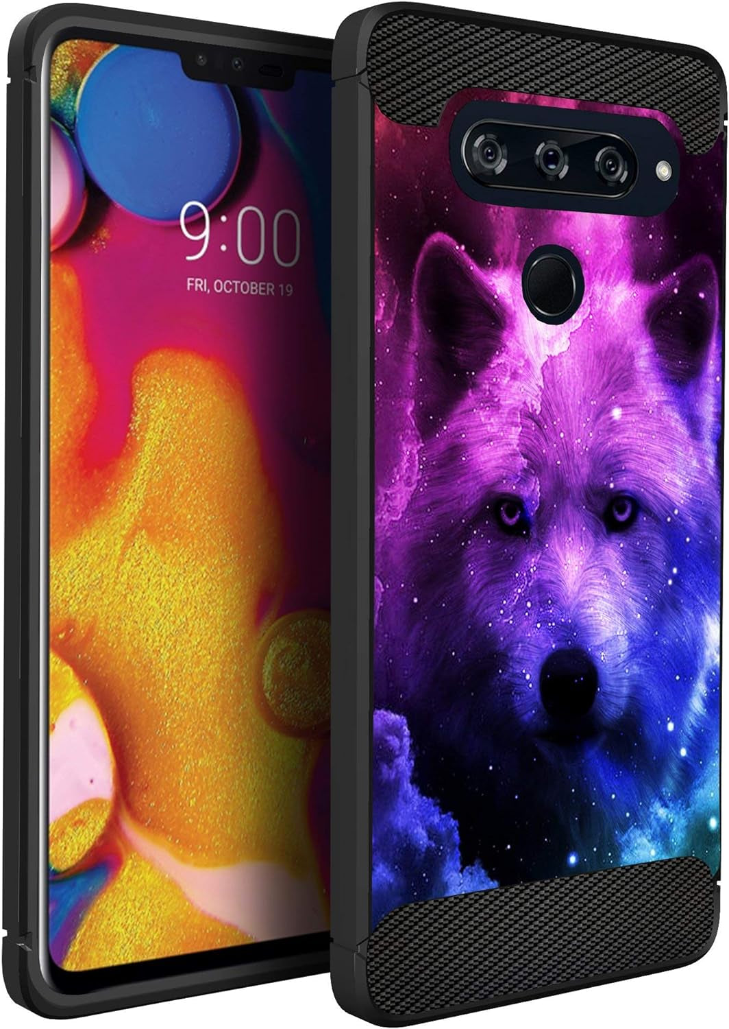 Casesondeck Slim Case Compatible with [LG V40 Thinq] Thin Scratch Preventing TPU, Matte Finish Carbon Fiber Texture Edges (Flower Skull)  CasesonDeck Galaxy Wolf  