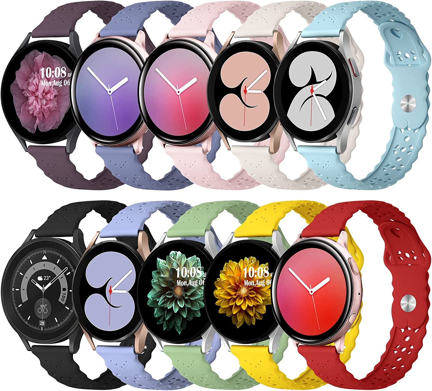 6 Pack Bands Compatible with Samsung Galaxy Watch 5 Band 40Mm 44Mm/5 Pro 45Mm, Galaxy Watch 4 Band 40Mm 44Mm/Watch 4 Classic/Galaxy Watch 3 41Mm, 20Mm Slim Sport Lace Silicone Wristband for Women  AIZHINENG Multiple Colors - 10 Pack  