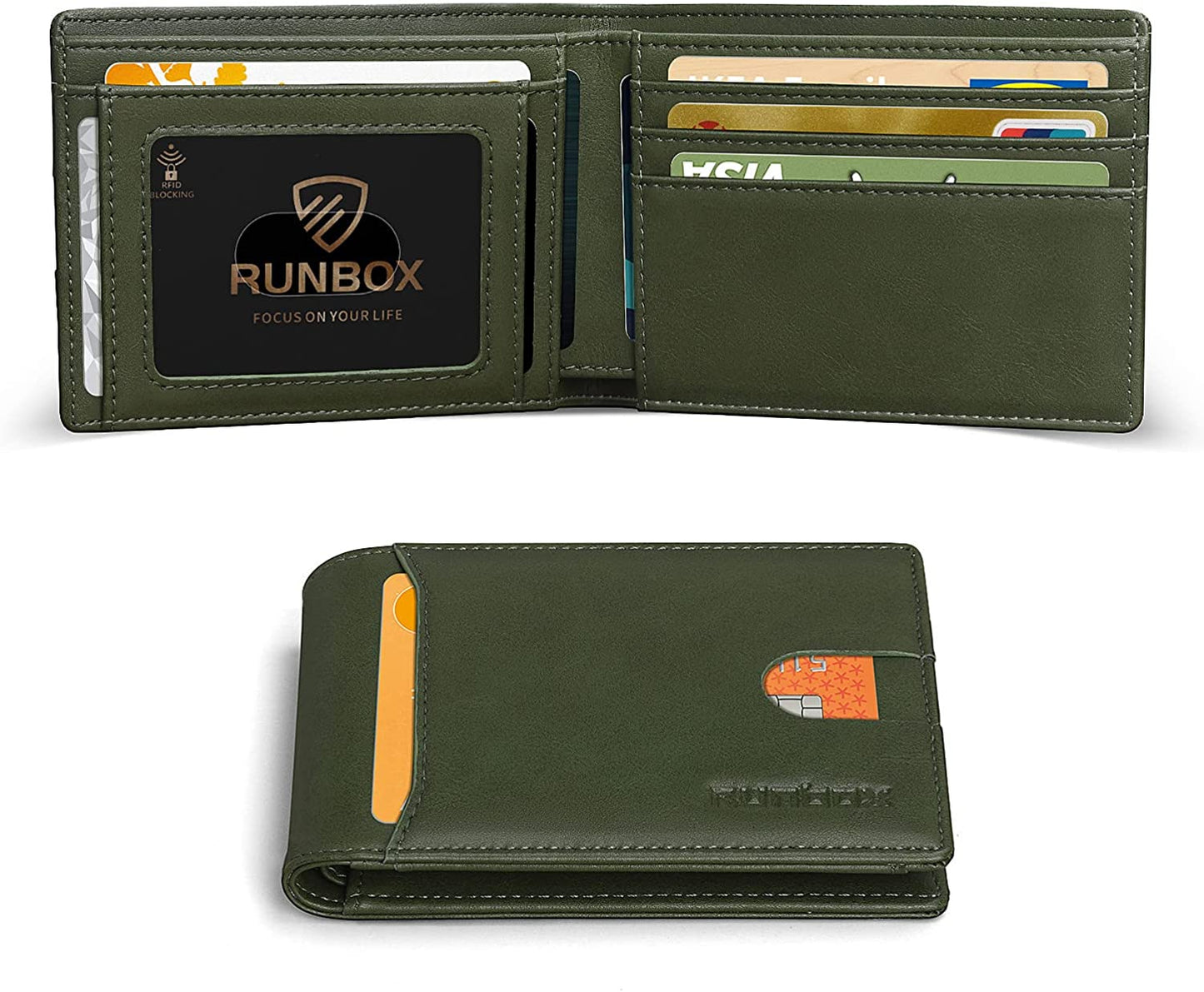 RUNBOX Bifold Slim Wallet for Men - Rfid Blocking Leather Front Pocket Men'S Wallet with Gift Box  RUNBOX oil olive green  