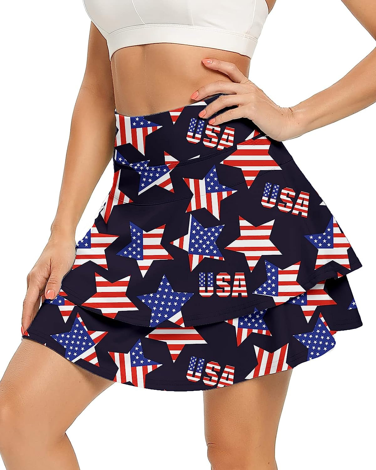 WOWENY Women'S Active Skort Athletic Ruffle Pleated Tennis Skirt with Pocket for Running Golf Workout  WOWENY A08-2-layer Usa Flag Large 