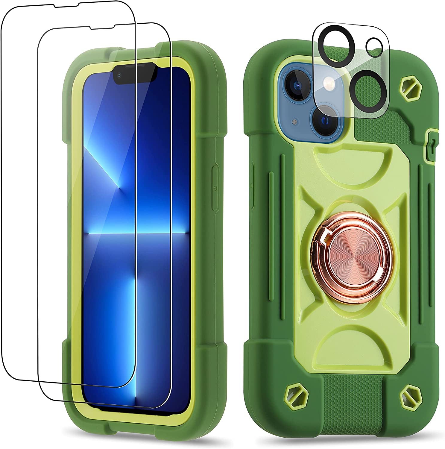 Cookiver for Iphone 14 Case/Iphone 13 Case 6.1 Inch with Ring Stand, with 2 Pack Glass Screen Protector + 1 Pack Camera Lens Protector,Heavy-Duty Shockproof Military Grade Rugged Cover (Felicia Blue)  Cookiver Avocado  