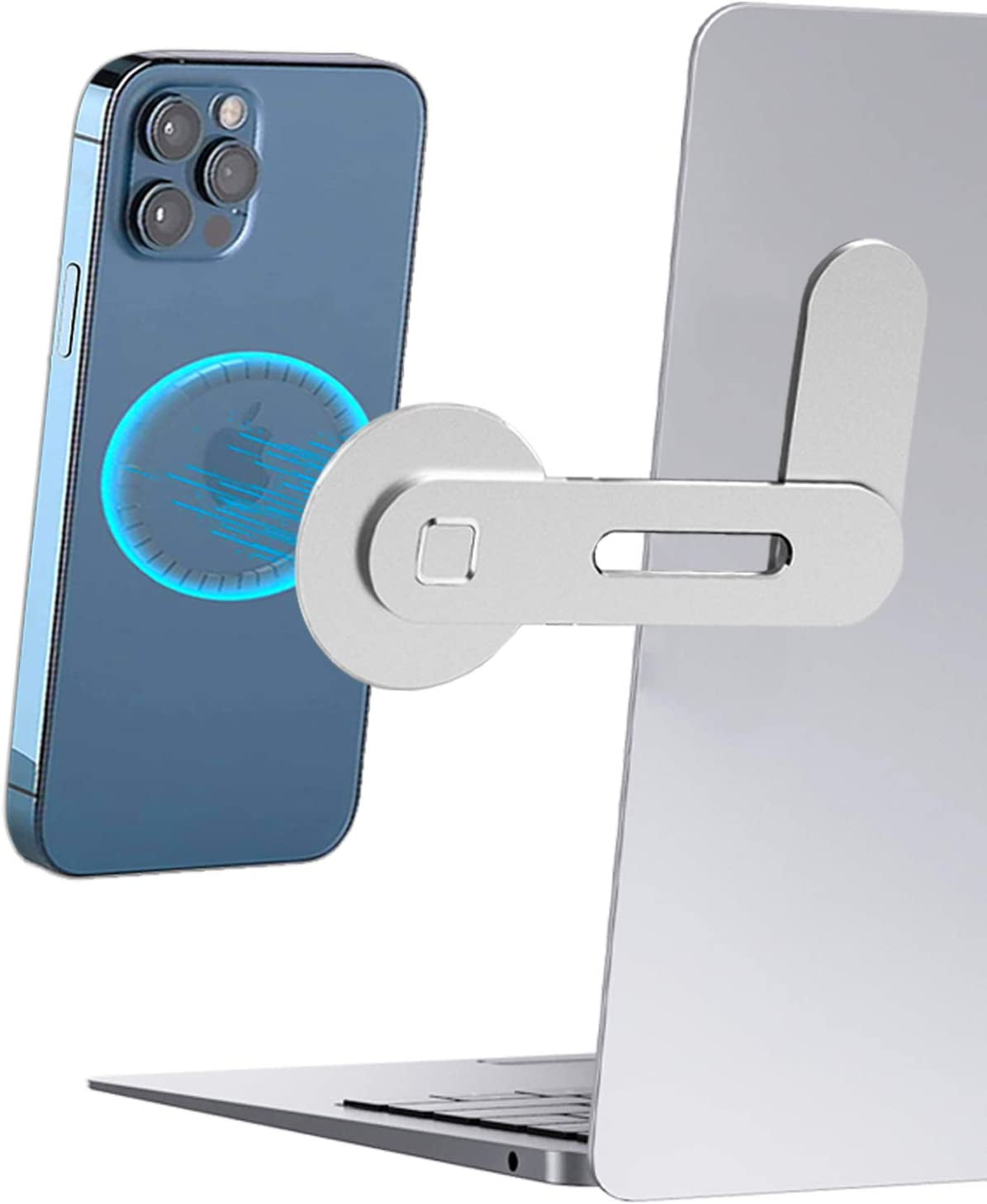 [New Upgraded] Magnetic Laptop Phone Holder Computer Monitor Side Cell Phone Mount Slim & Foldable Compatible with Iphone 14/13 /12 Series Magsafe Case and All Phones, Silver  Doter   