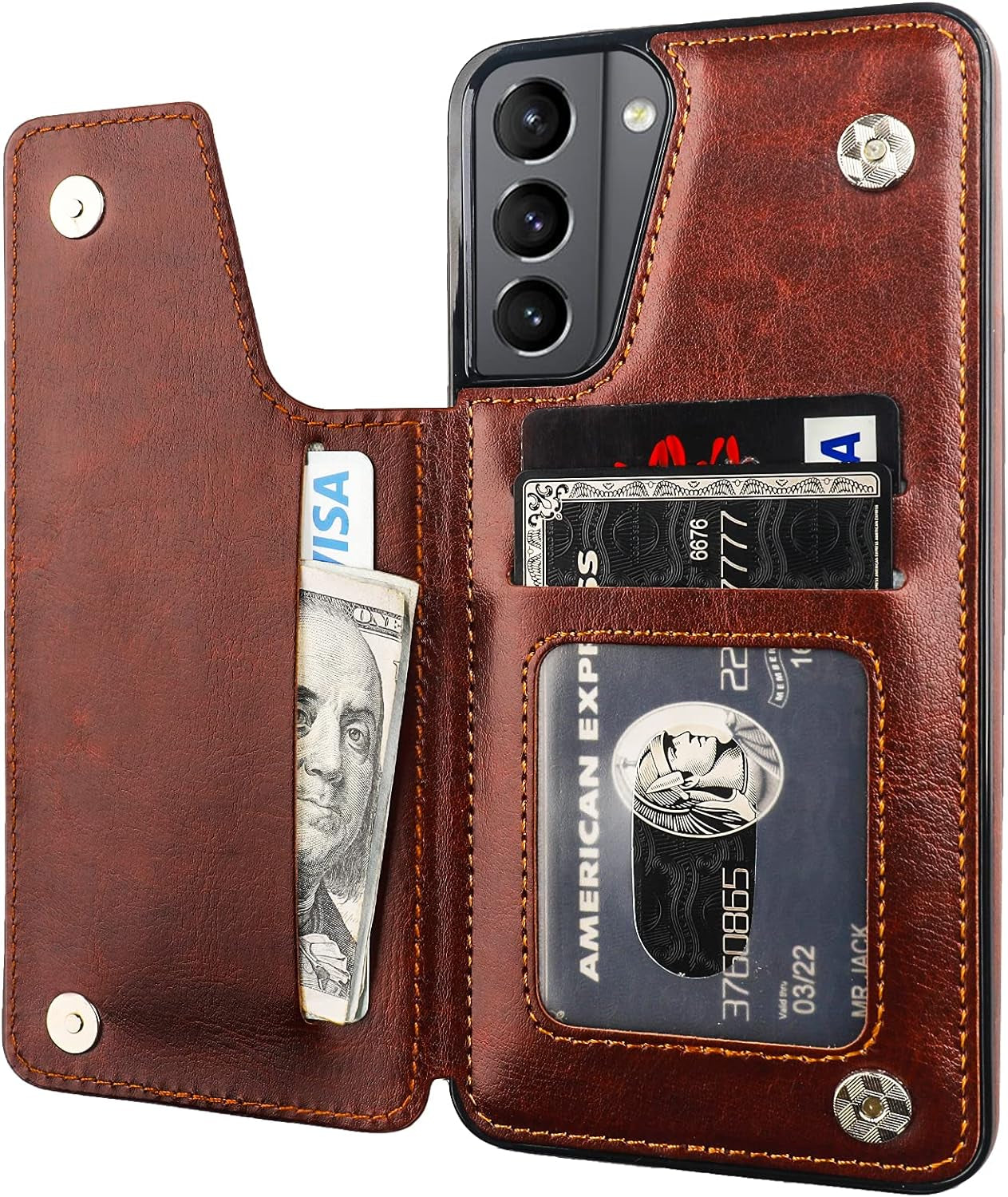 Onetop Compatible with Samsung Galaxy S21 plus Wallet Case with Card Holder, PU Leather Kickstand Card Slots Case, Double Magnetic Clasp and Durable Shockproof Cover 5G 6.7 Inch(Black)  Onetop Brown  