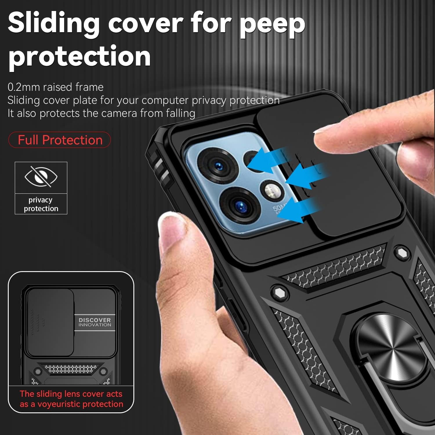 For Motorola Edge plus 2023 Case W/ Slide Camera Cover HD Screen Protector [Military Grade 16Ft. Drop Tested] Magnetic Ring Holder Kickstand Protective Phone Case for Motorola Edge+ plus 2023, Black  PUSHIMEI Co., Ltd.   