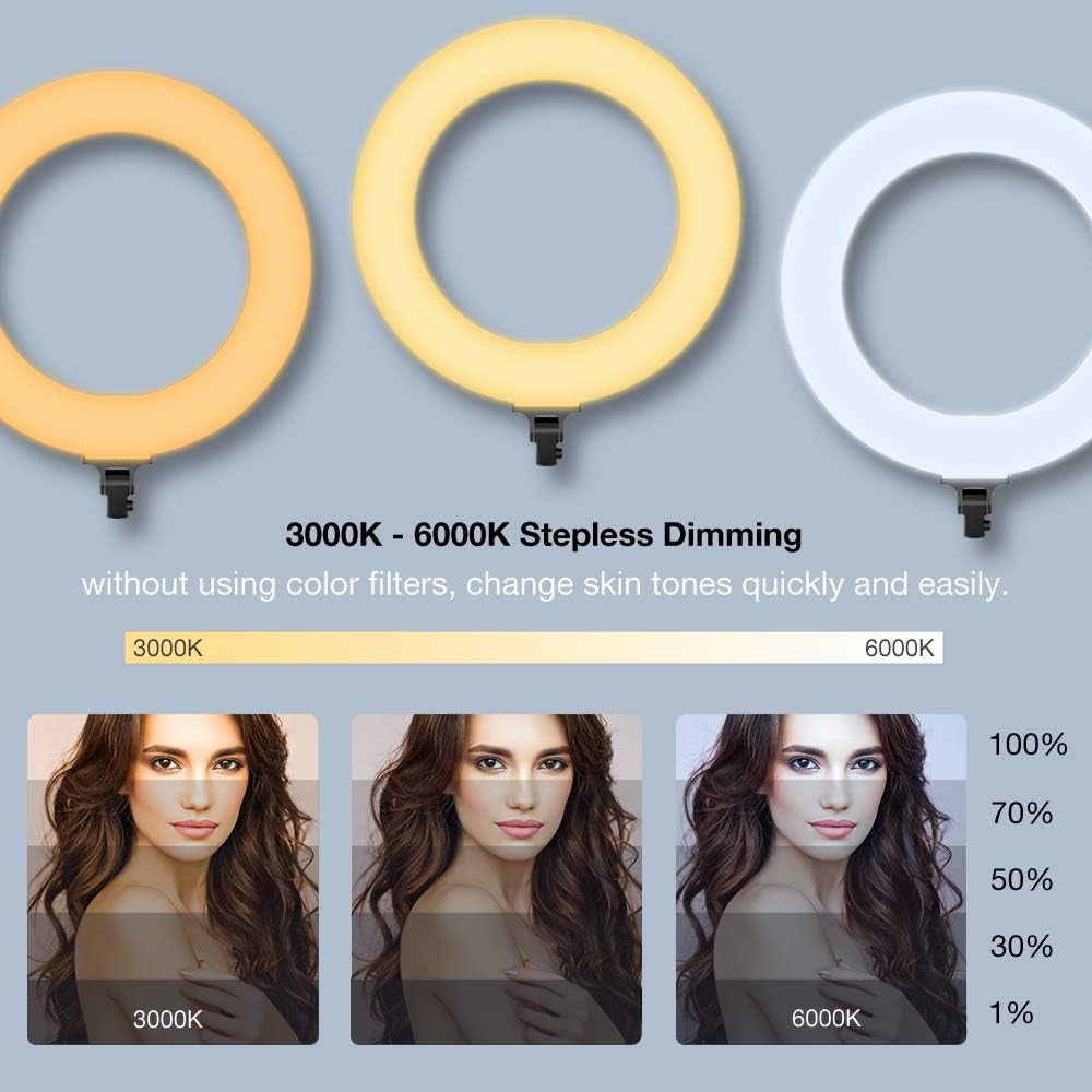 Inkeltech Ring Light - 18 Inch 60 W Dimmable LED Ring Light Kit with Stand - Adjustable 3000-6000 K Color Temperature Lighting for Vlog, Makeup, Youtube, Camera, Photo, Video - Control with Remote  INKELTECH   