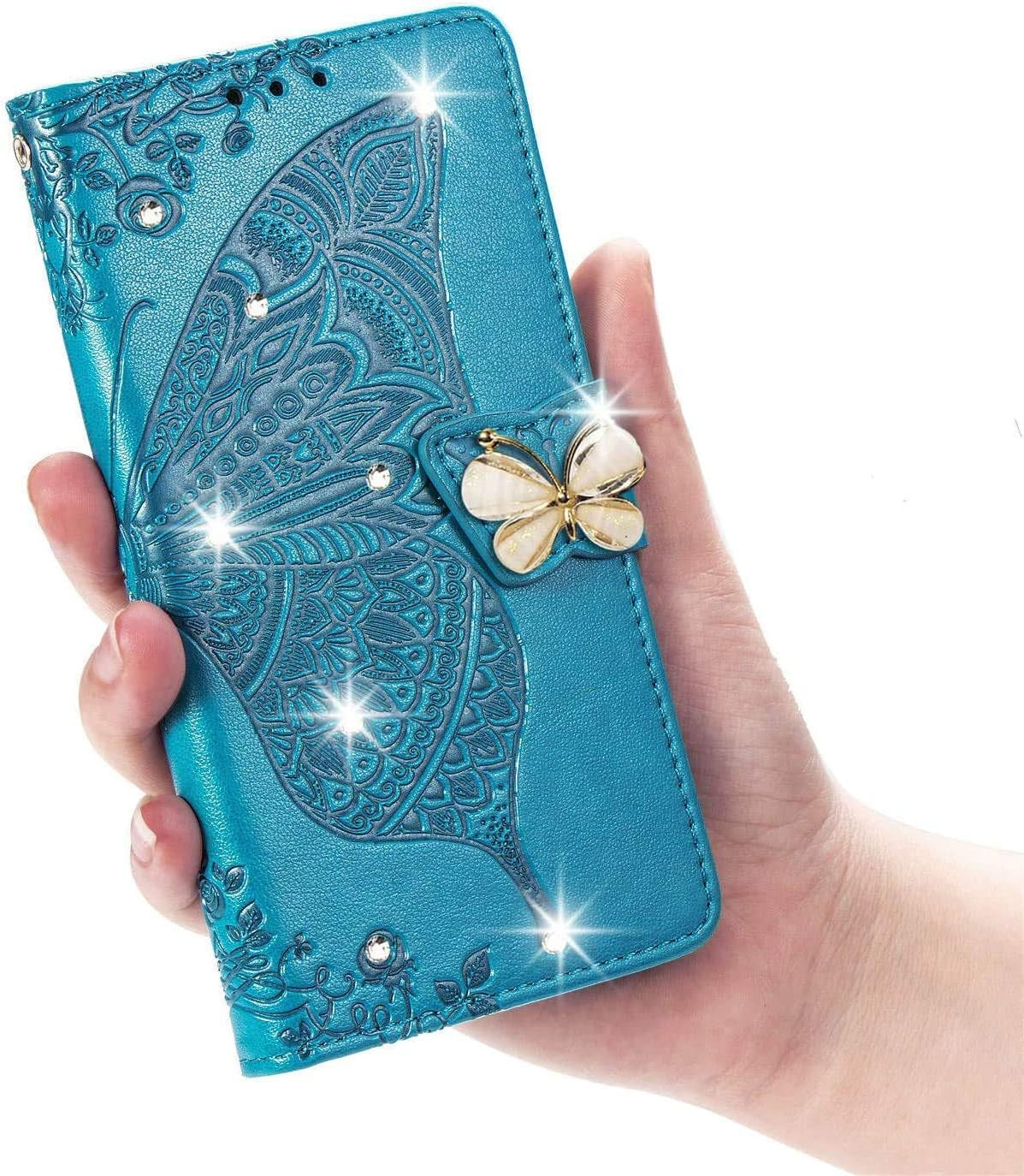 LEMAXELERS LG G7 Thinq Case Bling Diamond Butterfly Embossed Wallet Flip PU Leather Magnetic Card Slots with Stand Cover for LG G7 Thinq/Lg G7 One Diamond Butterfly Blue SD  LEMAXELERS   