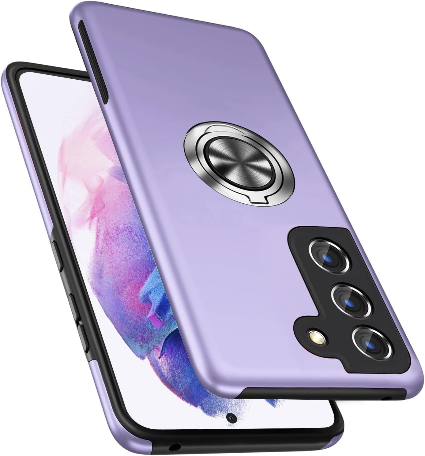 PELEPUES Case for Samsung Galaxy S21 Plus/S21+ 5G, [Built-In Camera Cover] Military Shockproof Phone Case Cover with Embedded Metal Ring Stand Kickstand [Support Magnetic Car Holder] for S21+, Black  PELEPUES Purple  