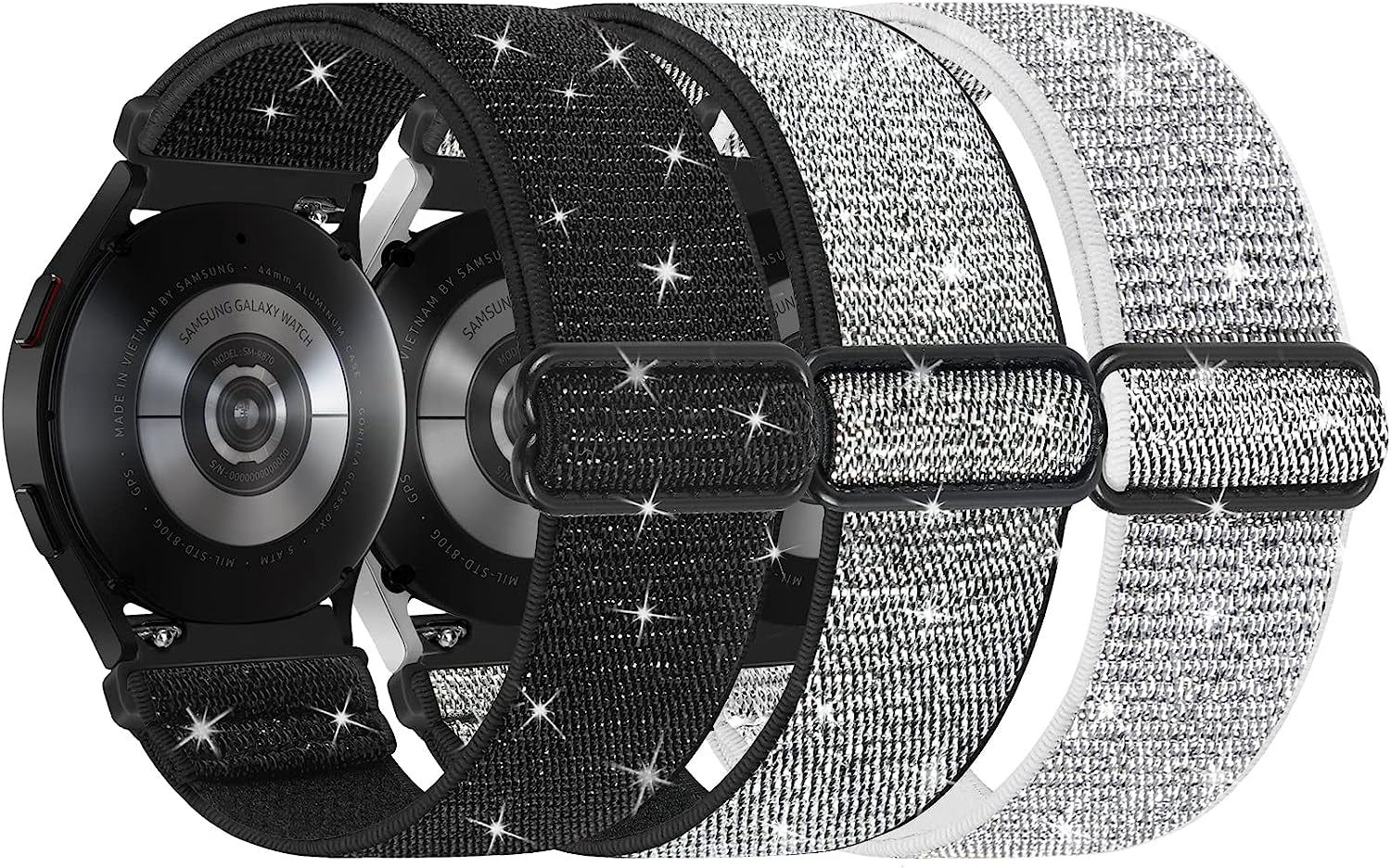 3 Pack Stretchy Watch Bands Compatible with Samsung Galaxy Watch 5 40Mm 44Mm/ Watch 5 Pro 45Mm/ Samsung Galaxy Watch 4 44Mm 40Mm/ Watch 4 Classic 46Mm 42Mm, 20Mm Elastic Nylon Band for Women(Ppb)  ZSMJ Black/Black Silver/Light Silver  