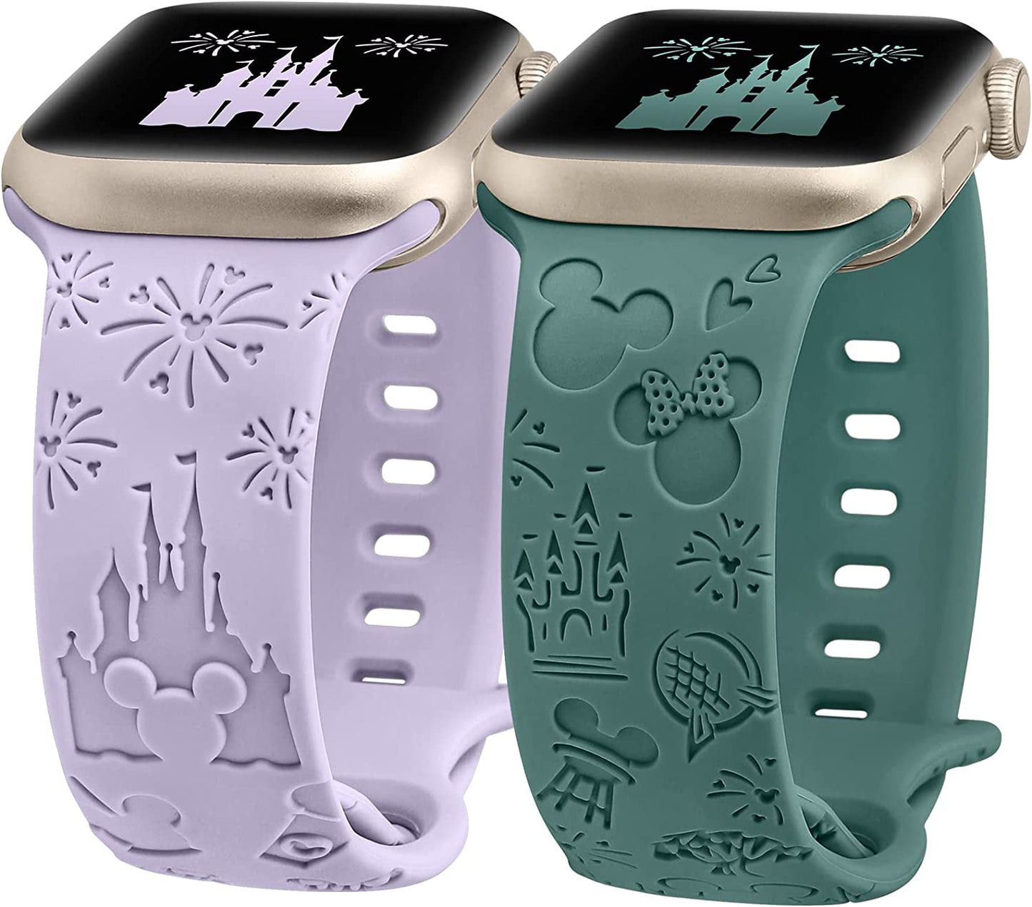 Girovo 2 Packs Cartoon Engraved Bands Compatible with Apple Watch Bands 38Mm 40Mm 41Mm 44Mm 45Mm 42Mm 49Mm Women, Cute Anime Designer Soft Silicone Strap for Iwatch Series 8/7/6/5/4/3/2/1/Se/Ultra  Girovo Lavender & Green 42/44/45/49mm 