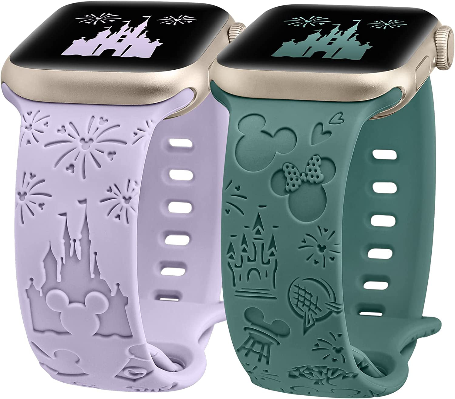 Girovo 2 Packs Cartoon Engraved Bands Compatible with Apple Watch Bands 38Mm 40Mm 41Mm 44Mm 45Mm 42Mm 49Mm Women, Cute Anime Designer Soft Silicone Strap for Iwatch Series 8/7/6/5/4/3/2/1/Se/Ultra  Girovo Lavender & Green 42/44/45/49mm 