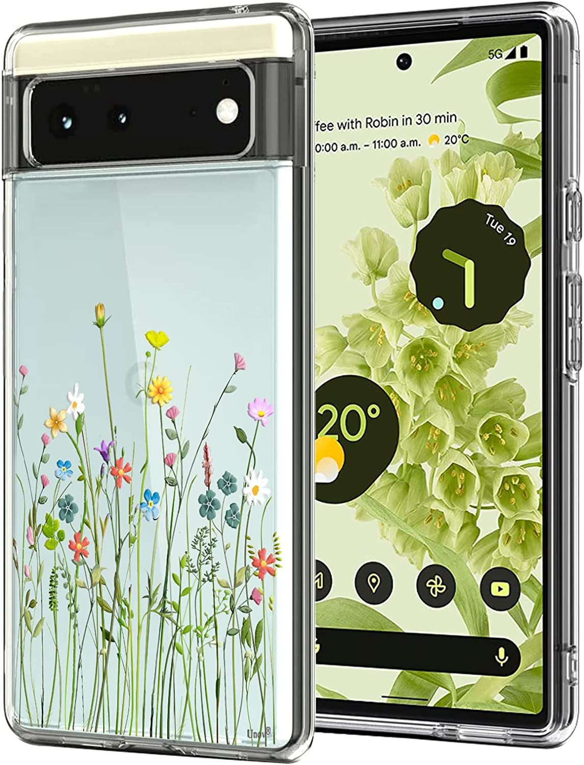 Unov Case Compatible with Pixel 6 Case Clear with Design Soft TPU Shock Absorption Slim Embossed Pattern Protective Back Cover 6.4 Inch (Flower Garden)  Unov Flower Bouquet  