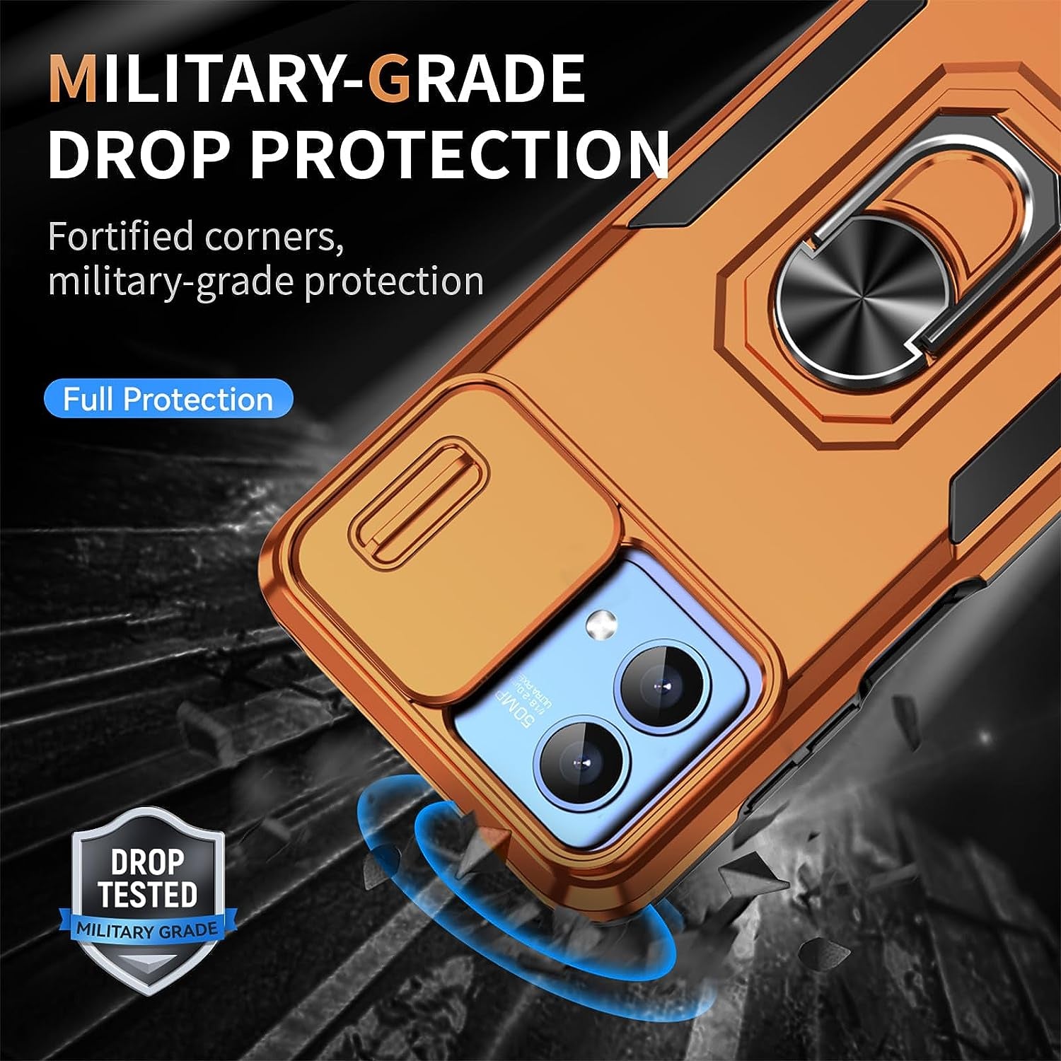 For Motorola Moto G Stylus 5G 2023 Case with Slide Camera Cover + Tempered Glass Screen Protector,[Full Camera Protection] [Ring Kickstand] Military Grade Shockproof Full Body Protective Cover-Orange  Mocotto   