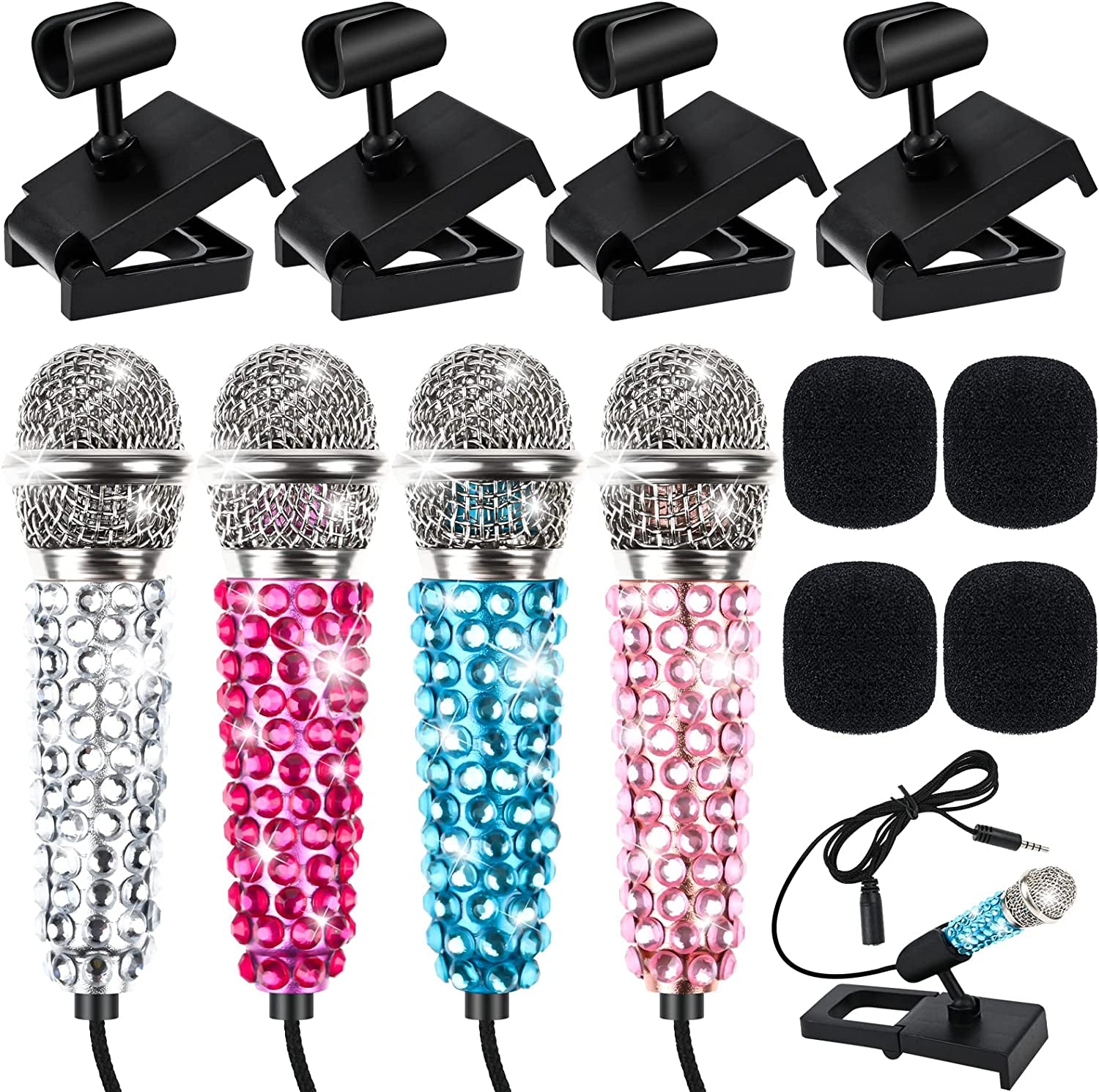 4PCS Mini Microphone Portable Vocal Instrument Tiny Microphone Asmr Karaoke Microphone with Clip Stand | 4 PCS Rhinestone Stickers | 3.5Mm Audio Connector for Iphone Android Smart Phone Laptop  Yoiemivy   