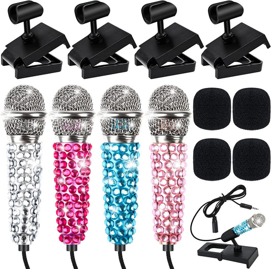 4PCS Mini Microphone Portable Vocal Instrument Tiny Microphone Asmr Karaoke Microphone with Clip Stand | 4 PCS Rhinestone Stickers | 3.5Mm Audio Connector for Iphone Android Smart Phone Laptop  Yoiemivy   
