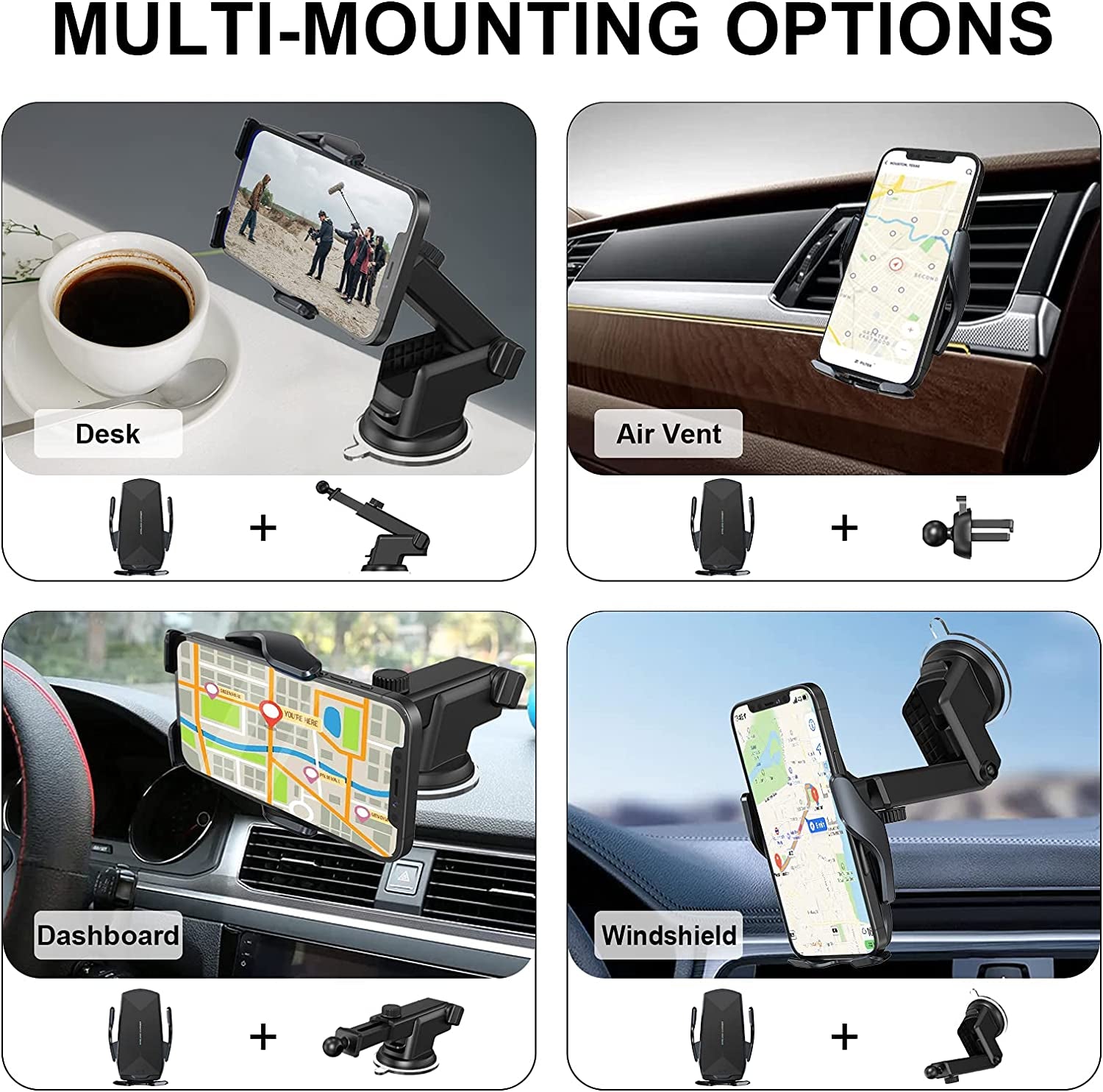 Wireless Car Charger Mount, 15W Qi Fast Charging Auto-Clamping Cell Phone Car Holder Air Vent Windshield Dashboard Long Arm Suction Cup Car Phone Mount for Iphone13 /12/11 Samsung S20/S10/S9/S8 LG  HonShoop   