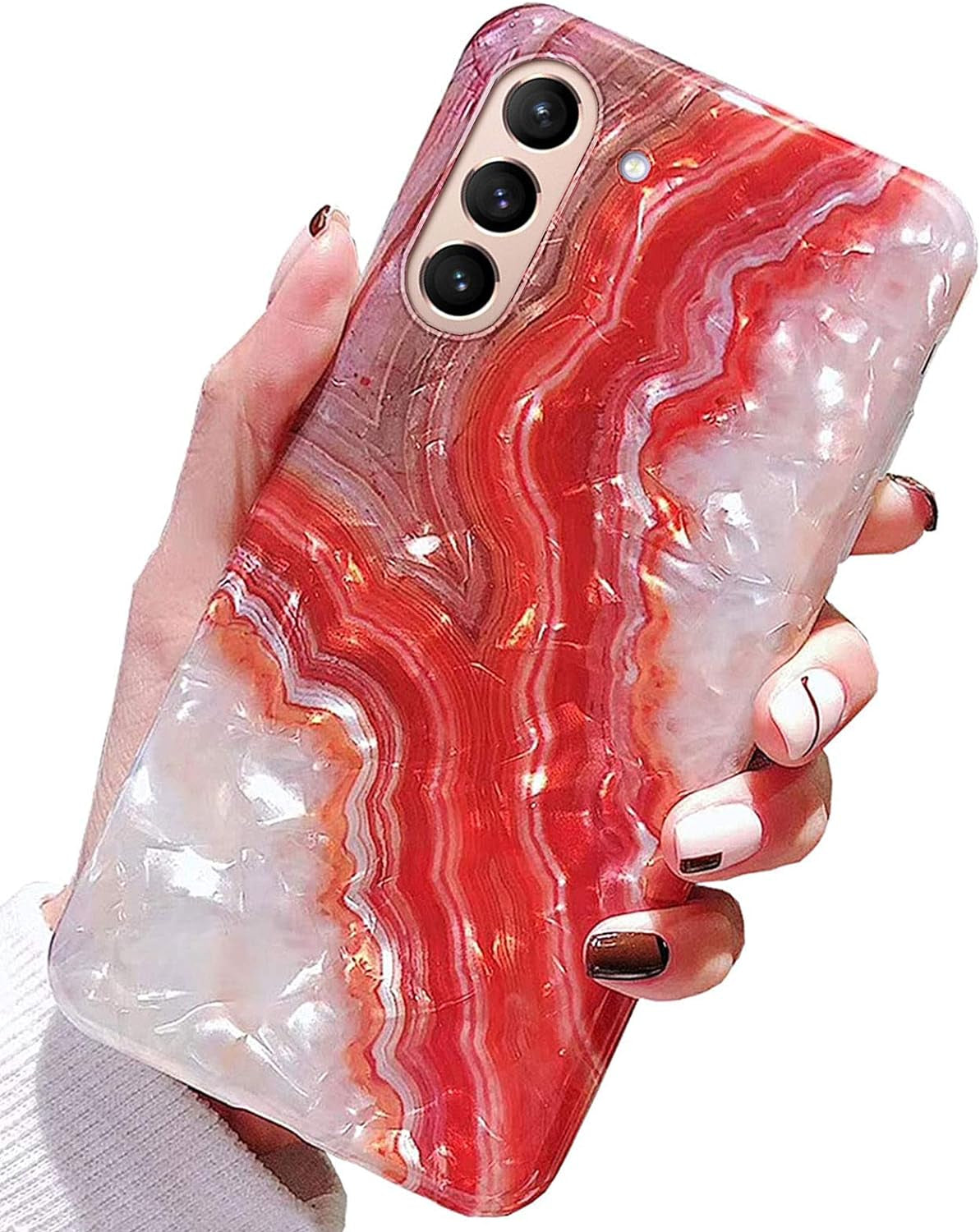 J.West Galaxy S21 plus Case 5G 6.7-Inch, Luxury Sparkle Red Agate Marble Print Translucent Clear Glitter Pearly Design Soft Silicone Cover for Women Girls Slim TPU Sturdy Protective Phone Case Red  J.west   