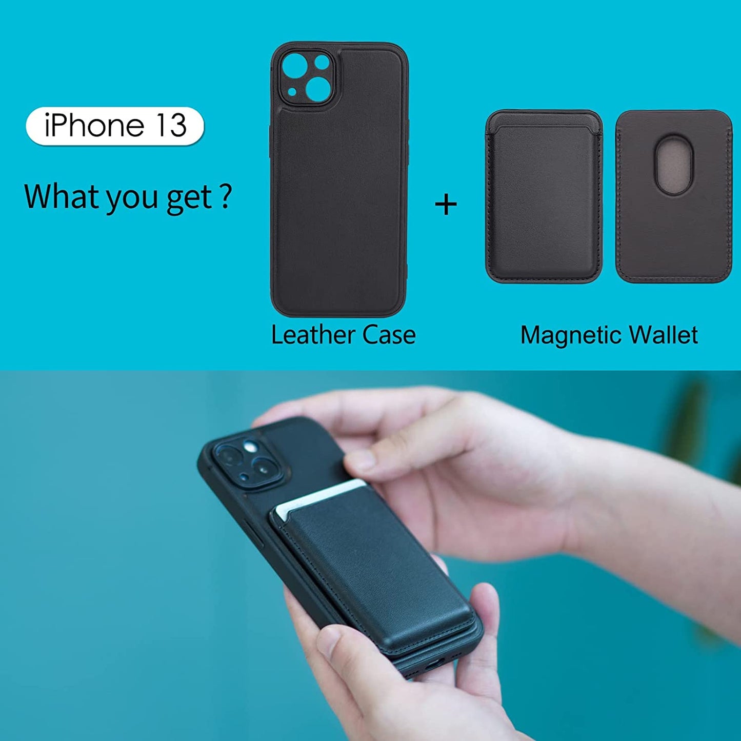 DK177 [2 in 1] Magnetic Leather Case for Iphone 13 + Card Holder Wallet, Magnetic PU Leather Card Holder Shockproof Protective Cover Compatible with Magsafe 6.1 Inch, Black  DK177   