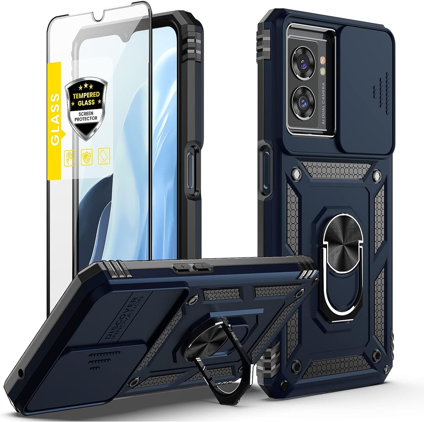 Oneplus Nord N300 5G Case + Tempered Glass Screen Protector with Kickstand & Slide Lens Protector Cover,Heavy Duty Armor Shockproof Rugged Military Grade Protective Case for Oneplus N300 5G (Navy)  Dretal   