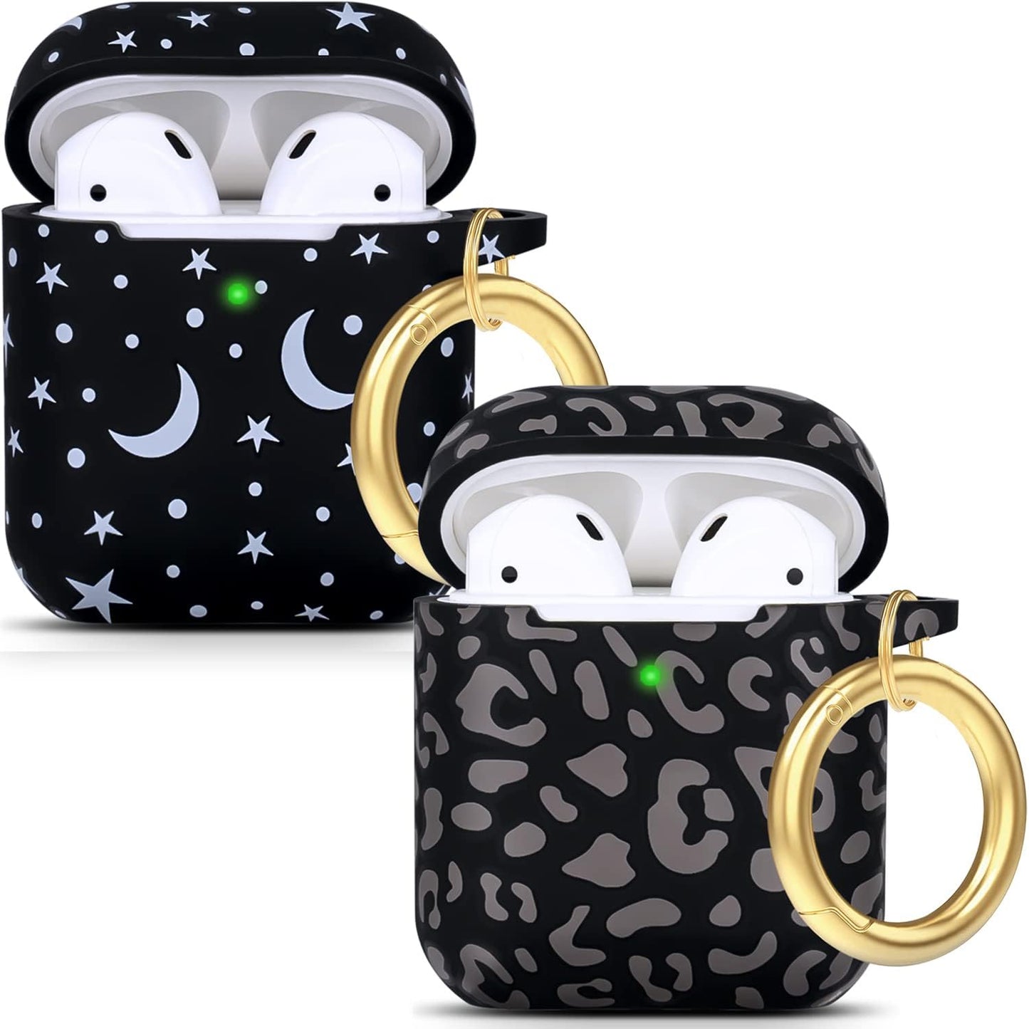 Cheetah Silicone Airpods Case, Gawnock Soft Earpod Case Cover Flexible for Airpods 2Nd/1St Generation Floral Print Cover for Women Girls with Keychain - Khaki Leopard  Gawnock 2Pack (Gray Leopard + Moon Star)  