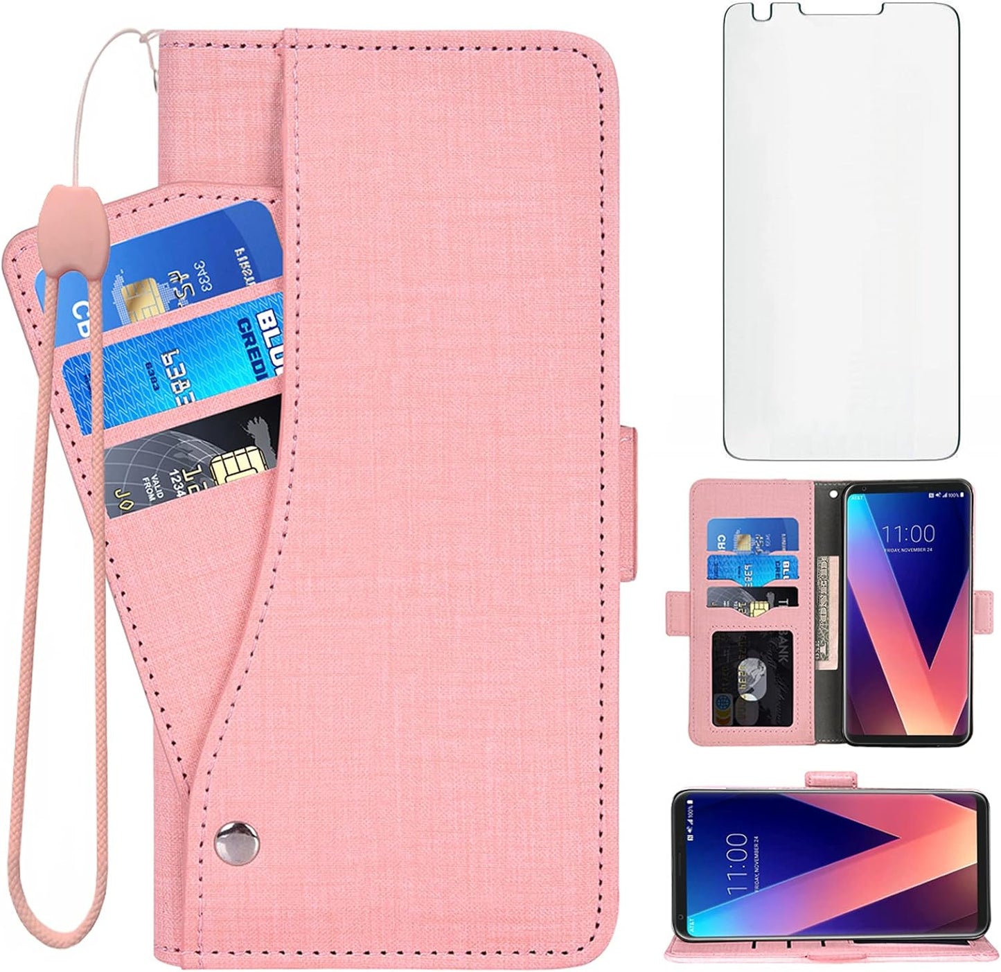 Asuwish Compatible with LG V35 Thinq V30 plus Wallet Case Tempered Glass Screen Protector and Flip Cover Card Holder Cell Phone Cases for LGV30 LGV35 LG30 LG35 V 30 35 V30+ V30S H931 Women Men Pink  NSS   