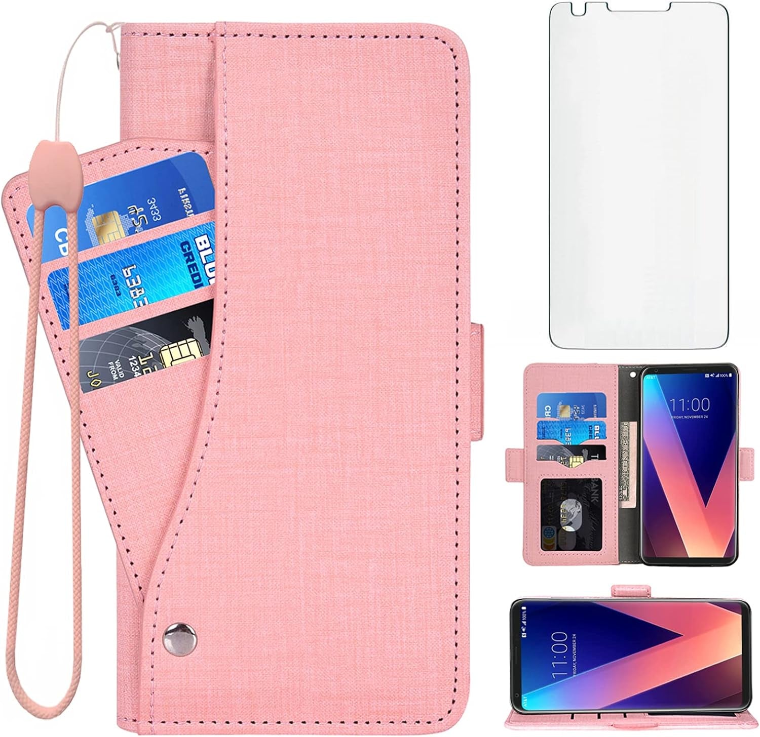 Asuwish Compatible with LG V35 Thinq V30 plus Wallet Case Tempered Glass Screen Protector and Flip Cover Card Holder Cell Phone Cases for LGV30 LGV35 LG30 LG35 V 30 35 V30+ V30S H931 Women Men Pink  NSS   