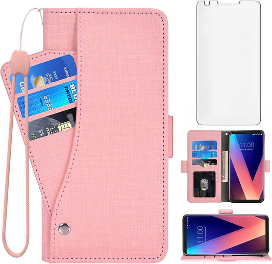 Asuwish Compatible with LG V35 Thinq V30 plus Wallet Case Tempered Glass Screen Protector and Flip Cover Card Holder Cell Phone Cases for LGV30 LGV35 LG30 LG35 V 30 35 V30+ V30S H931 Women Men Pink  NSS   