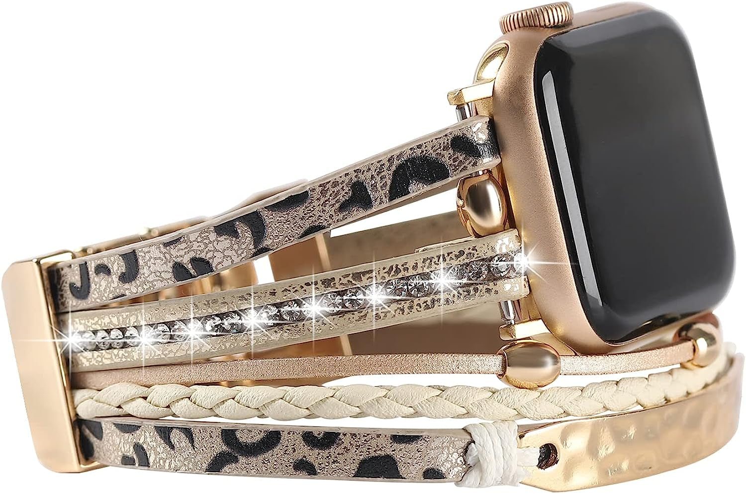 Posh Leather Bands Compatible with Apple Watch Bands 38Mm 40Mm 41Mm for Women Men，Metal Sheets Bracelet Jewelry Warp Strap for Iwatch Series SE 7 6 5 4 3 2 1（Cheetah with Gold）  REALSIGN   