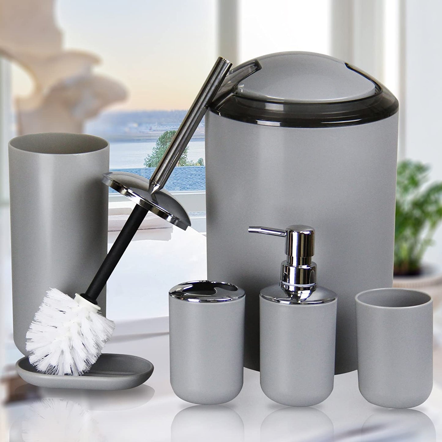 IMAVO Bathroom Accessories Set, 6-Piece Plastic Gift Set, Toothbrush Holder, Toothbrush Cup, Soap Dispenser, Soap Dish, Toilet Brush Holder, Trash Can (Grey)  IMAVO   