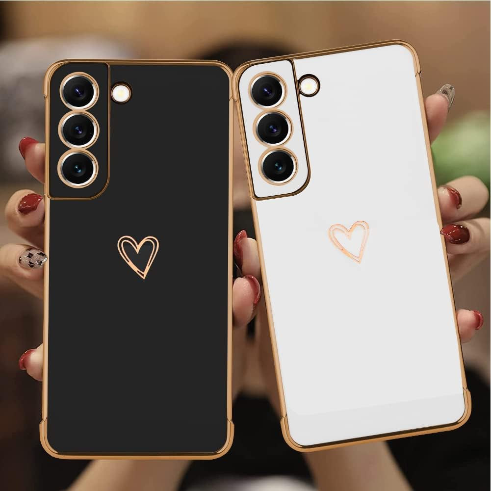 MZELQ Compatible with Samsung Galaxy S22+ plus Case for Women Cute Luxury Gold Heart Pattern Design Full Camera Protection & Soft TPU Shockproof Protective Plating Edge Phone Case,Light Blue  MZELQ   