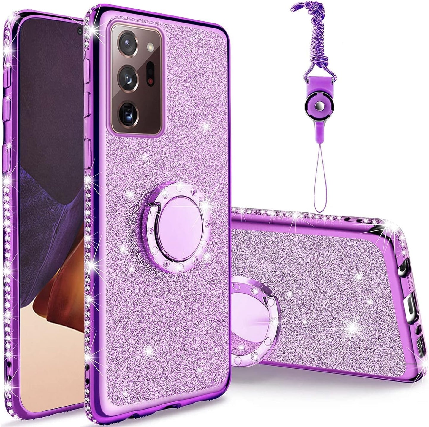 Case for Galaxy Note 20 Ultra 5G Girls Women Cute Luxury Glitter Shiny Sparkly Shell with Ring Stand UPC Soft Slim Bumper Shockproof Protective Phone Cover for Samsung Galaxy Note 20 Ultra 6.9" - Pink  Easyscen Purple  
