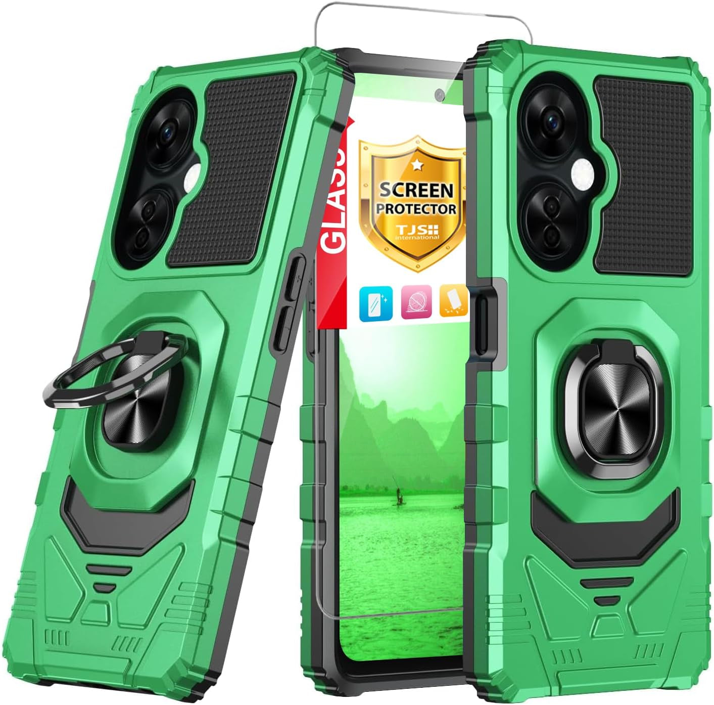 TJS Compatible for Oneplus Nord N30 5G Case, with Tempered Glass Screen Protector, Metal Ring Magnetic Support Kickstand Heavy Duty Drop Protection Cover Phone Case (Black)  TJS Green  