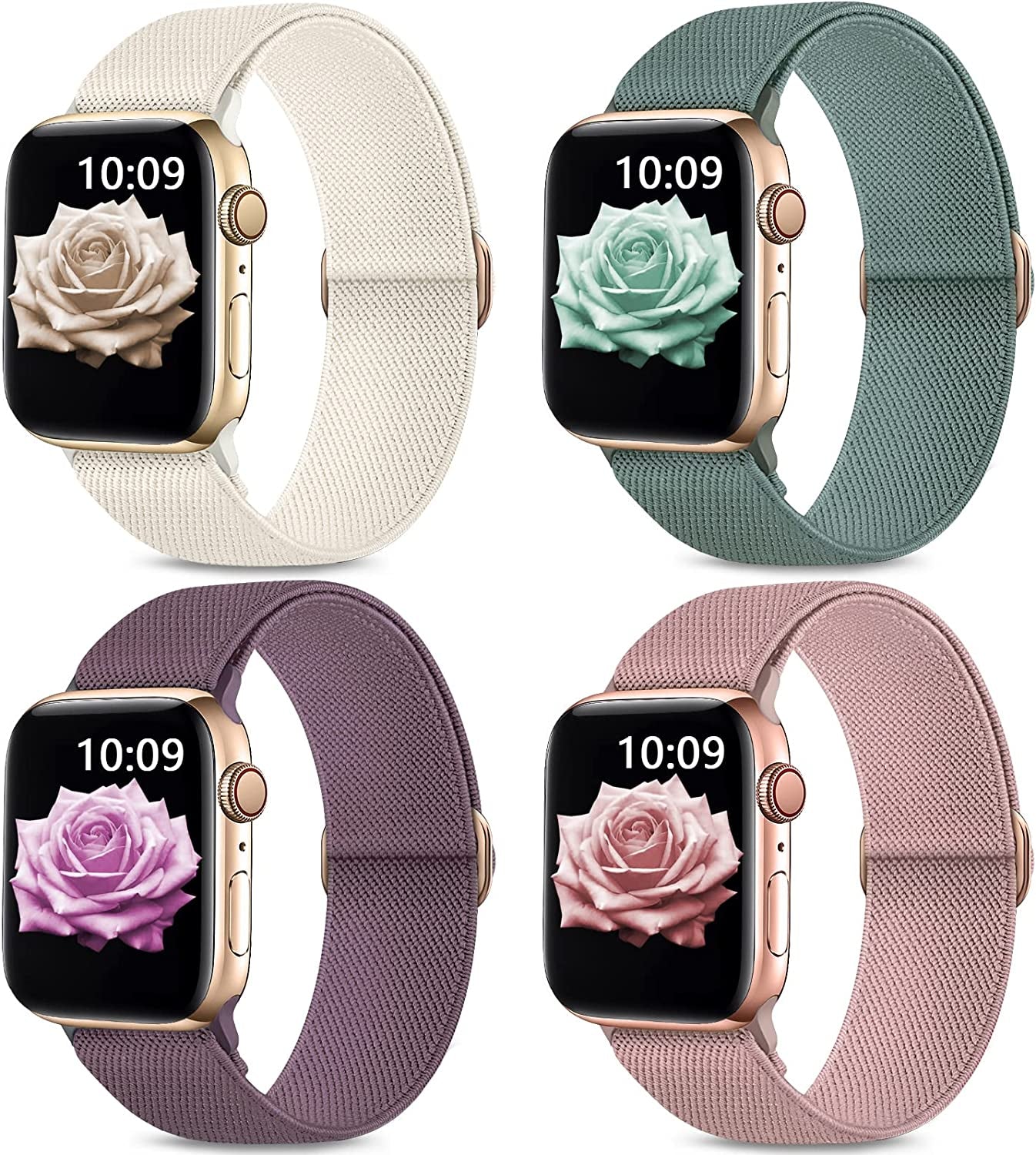 Stretchy Nylon Bands Compatible with Apple Watch Band 38Mm 40Mm 41Mm 42Mm 44Mm 45Mm 49Mm for Women Men, Elastic Solo Loop Adjustable Sport Braided Strap for Iwatch Series 8 7 SE 6 5 4 3 2 1,4 Packs  Sunnywoo Smoke Violet/Nude Pink/Starlight/Cuctas 42/44/45/49mm 