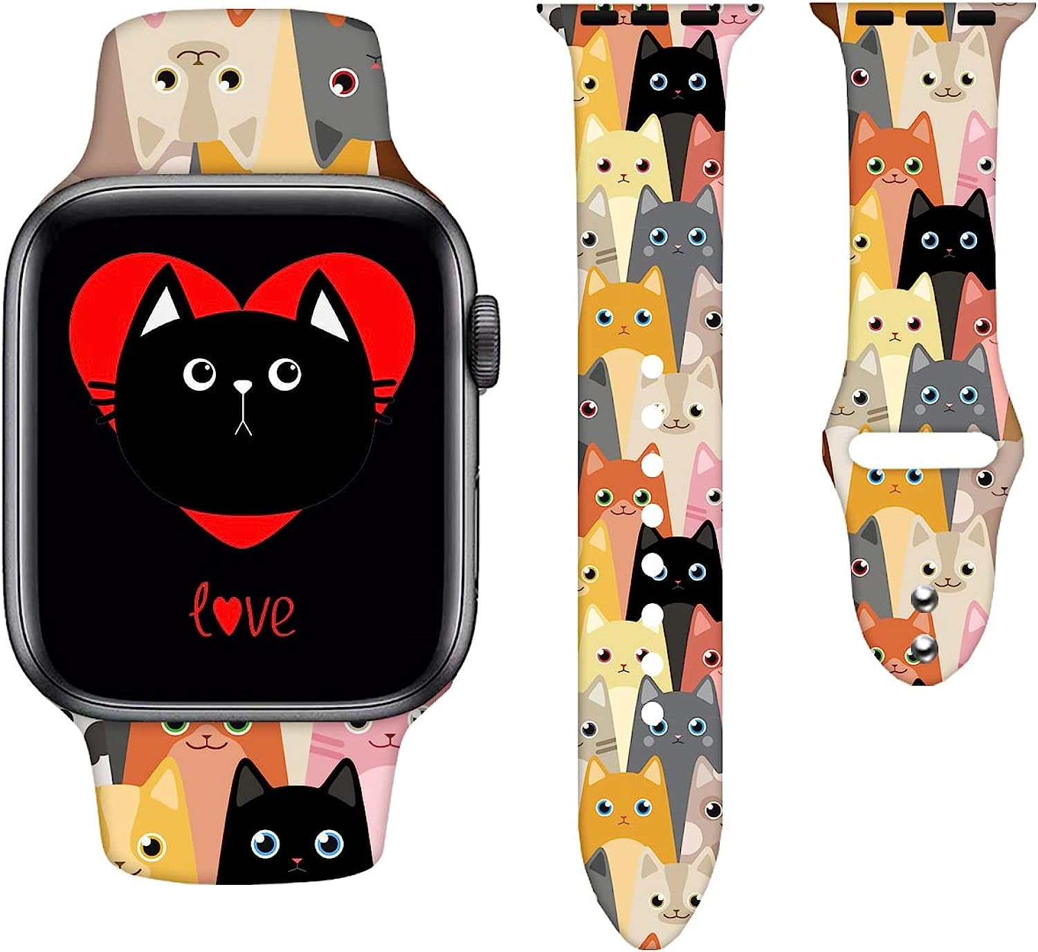 Watch Bands Compatible Apple Watch for Women Men, Adjustable Smart Watch Band Soft Silicone Wristbands Replacment Strap for Watch Series 7 6 5 4 3 2 1  KASDBY Colorful Cute Cat 42mm/44mm/45mm 